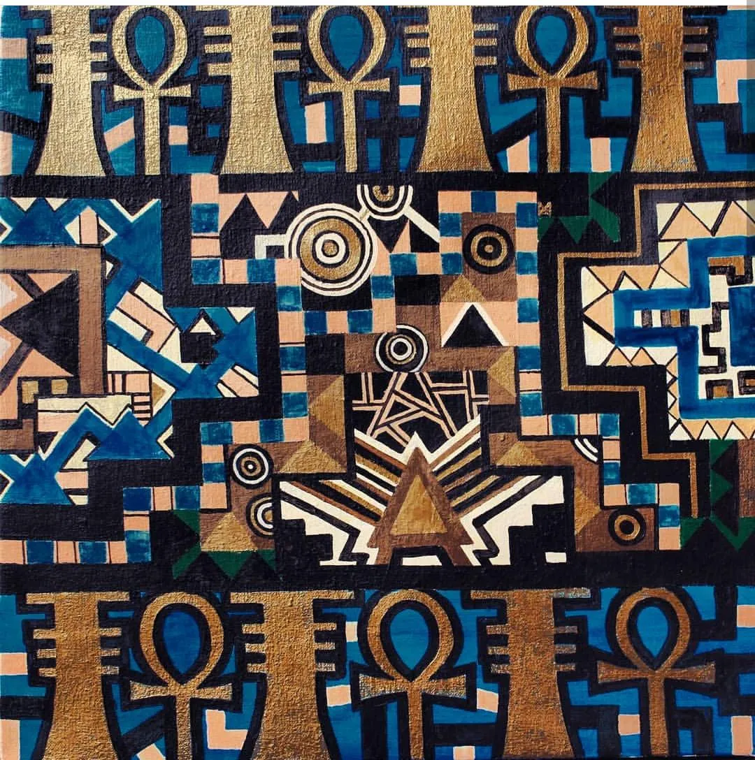 Painting with rows of gold ankh symbols on blue at top and bottom framing a dense central band of concentric circles, triangles and a radiating starburst in gold, brown, blue and black.