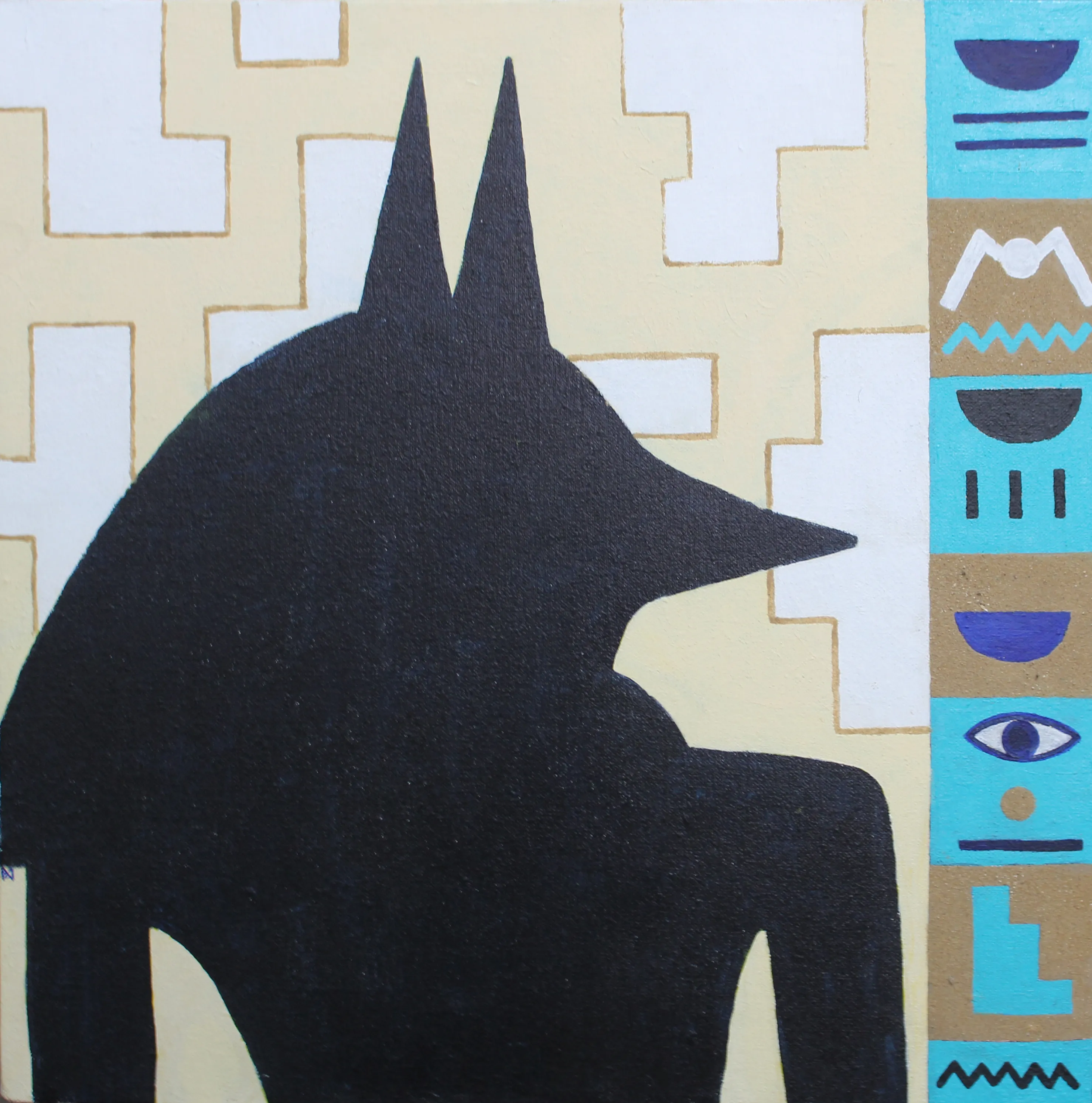 Painting of a black jackal-headed Anubis silhouette against a cream and gold stepped-geometric ground, with a turquoise and gold column of Egyptian hieroglyphic symbols including an eye down the right edge.