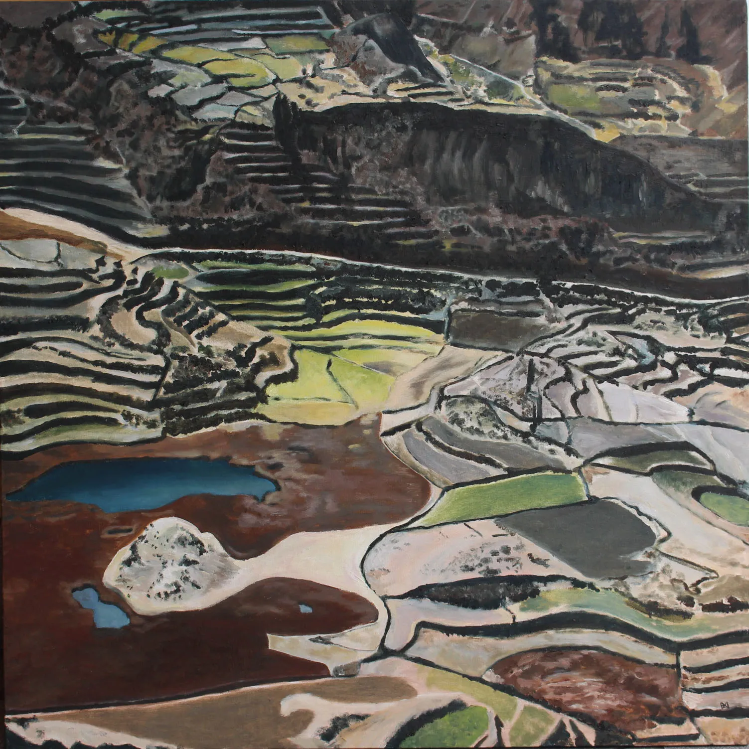 Oil painting of the terraced Colca Canyon seen from above, with patchwork fields, salt-white flats and small turquoise pools.
