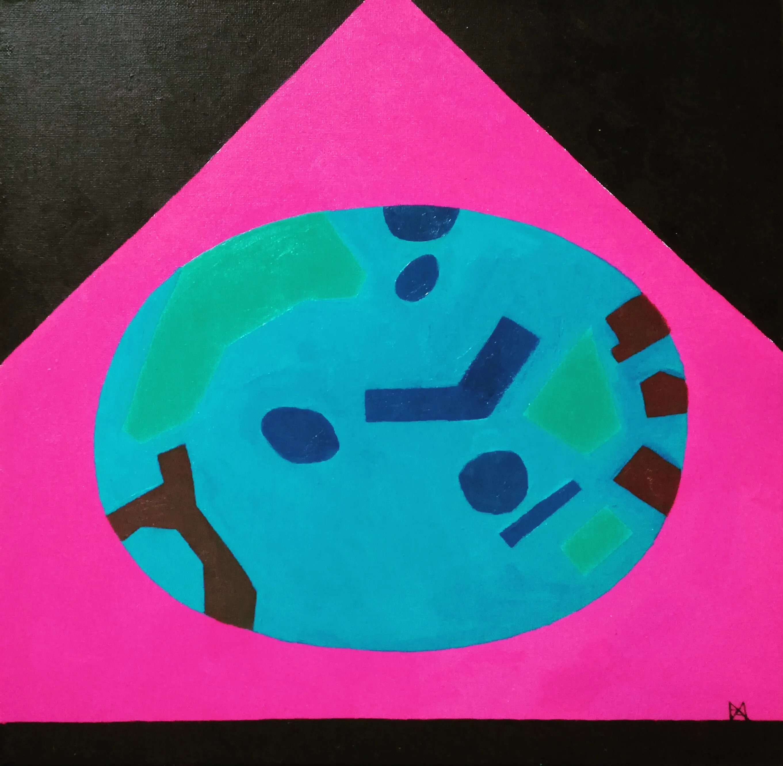 Painting of a teal oval stone marked with green, blue, and brown forms on a magenta pentagon with black corners.