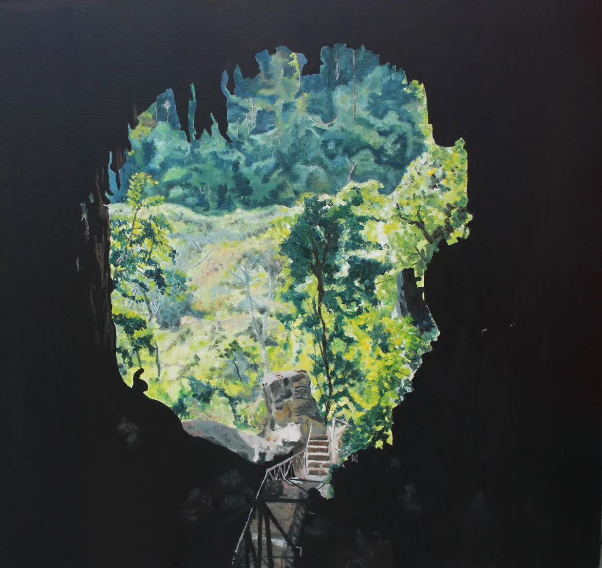 Painting looking out from a dark cave mouth onto sunlit jungle foliage and a stairway.