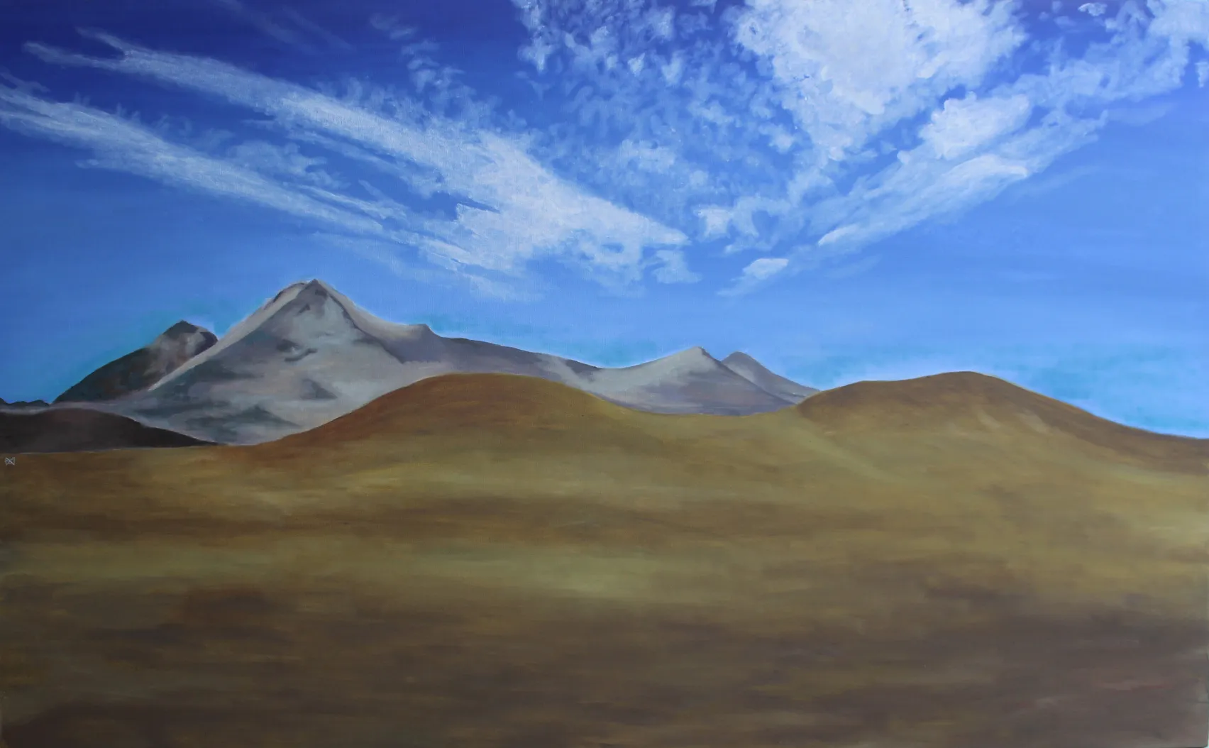 Painting of an arid desert plain with a snow-capped mountain and an expansive blue, cloud-streaked sky.