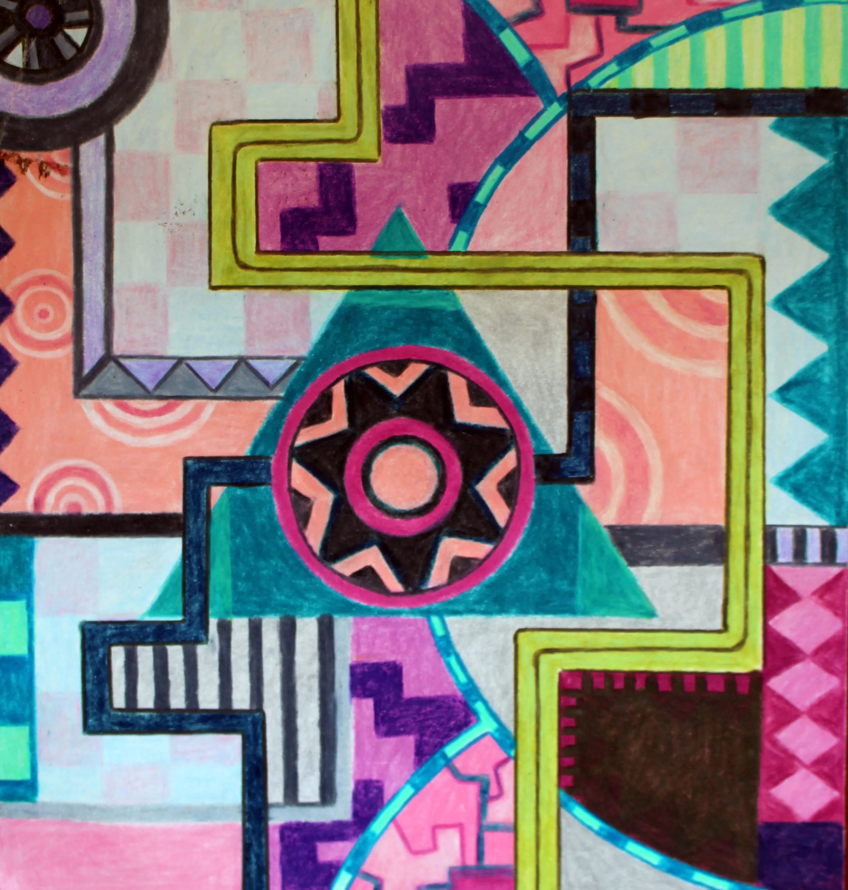 Coloured-pencil geometric abstract centred on a six-pointed star inside a pink ring on a teal triangle, surrounded by step-frets, checkerboard and zigzag borders in pinks, purples and lime.