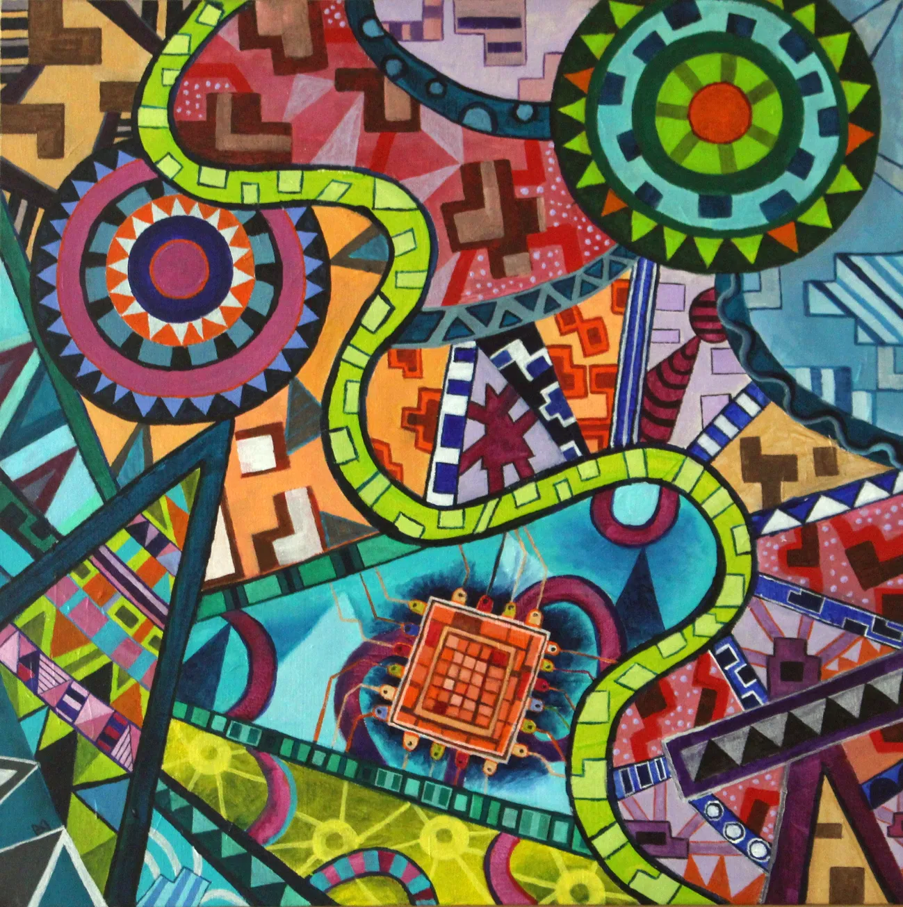 Square geometric abstract painting with radial sun-disc medallions, a winding lime-green serpentine band and a central orange microchip motif on a turquoise ground.