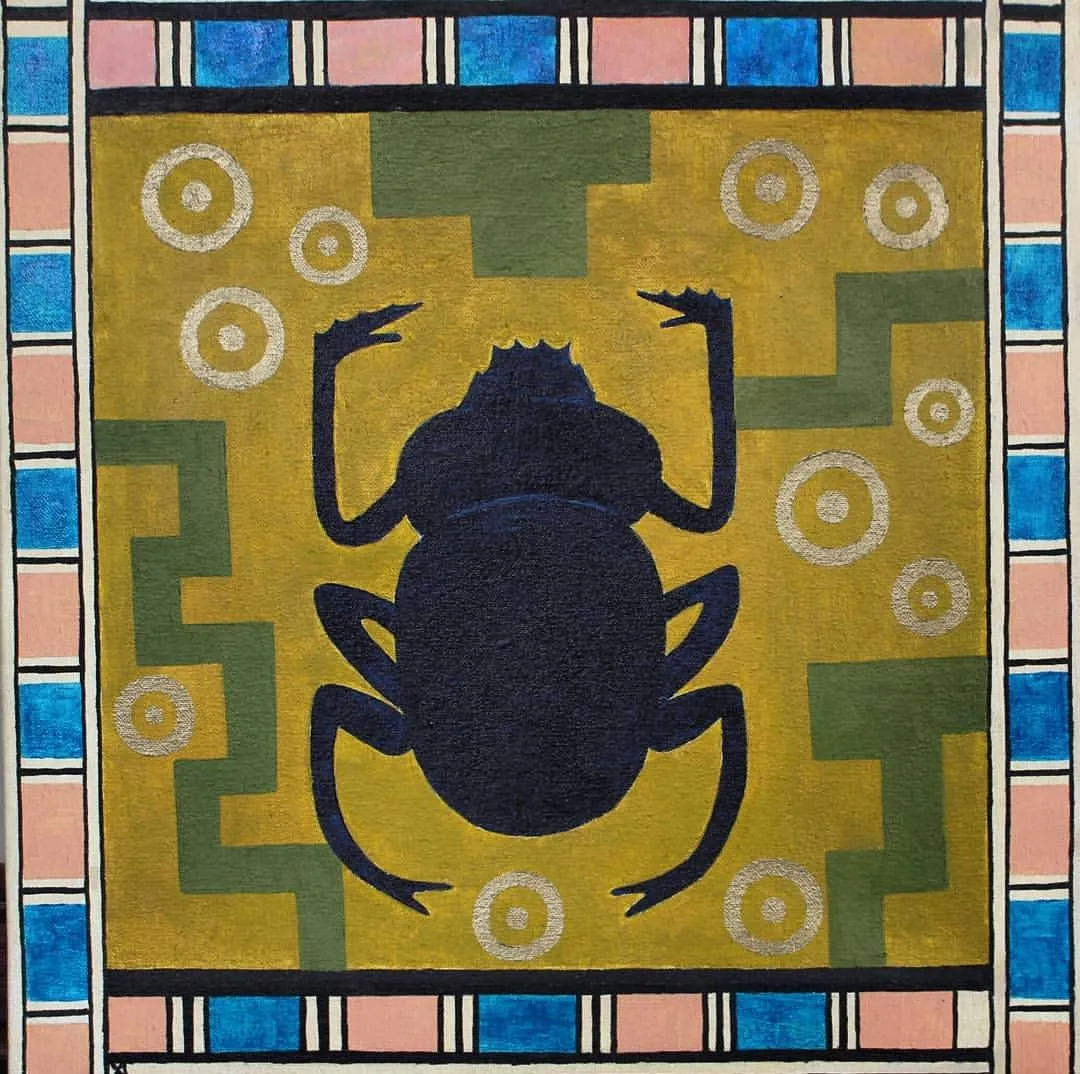 Painting of a dark blue scarab beetle centered on an ochre-gold ground with green stepped shapes and silver ringed dots, enclosed by a blue, pink and white Egyptian border.