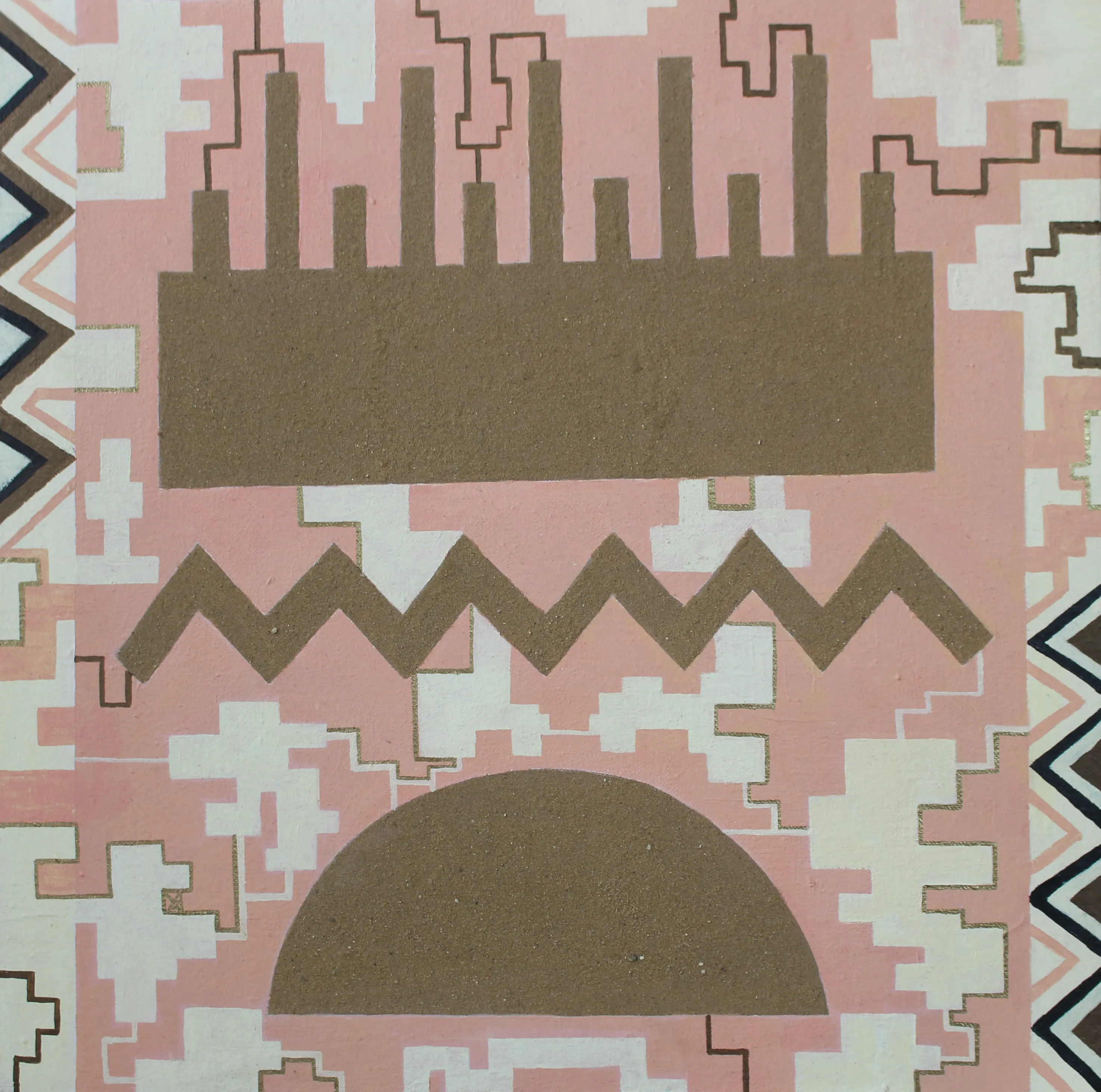 Abstract painting in pink, white and gold with stepped fretwork patterns, a chimney-like bar of rectangles, a gold zigzag band and a gold half-disc.