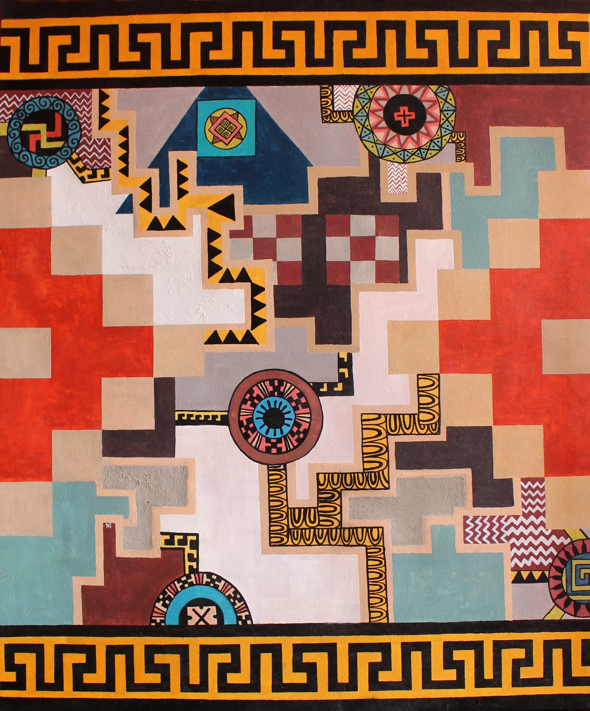 Geometric painting of interlocking red, cream and grey stepped blocks with scattered medallions, framed top and bottom by a yellow-and-black Greek-key meander border.