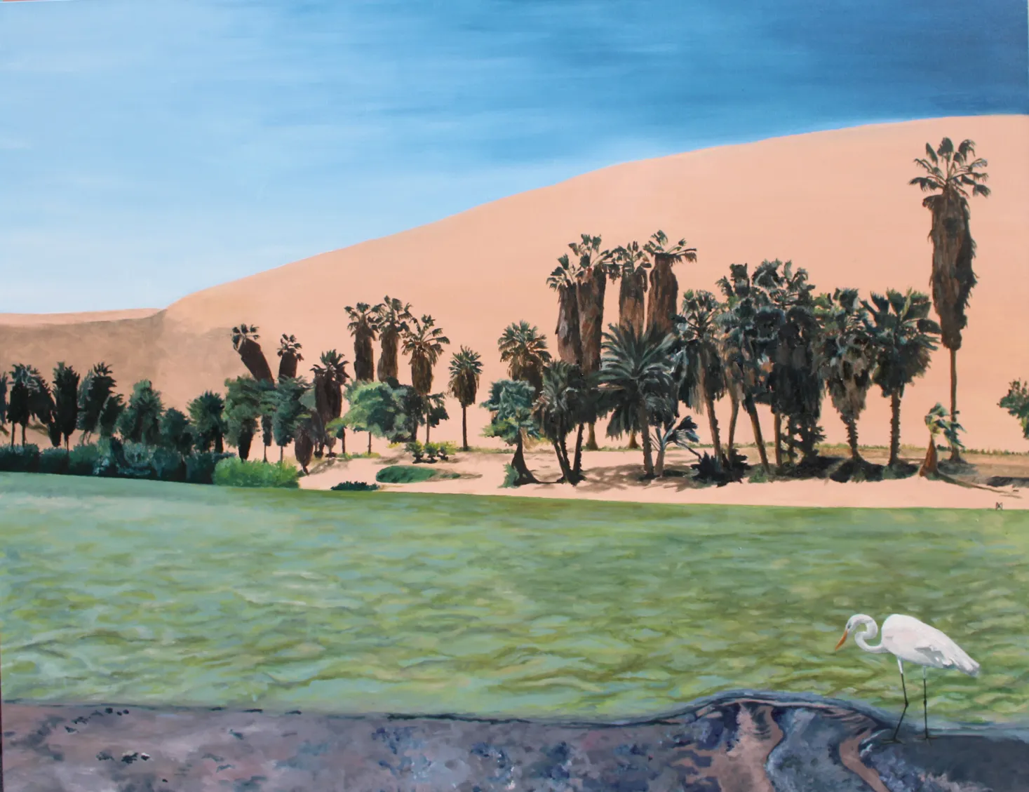 Painting of the Huacachina oasis with palm trees, a green lagoon, a towering sand dune and a white egret at the water's edge.