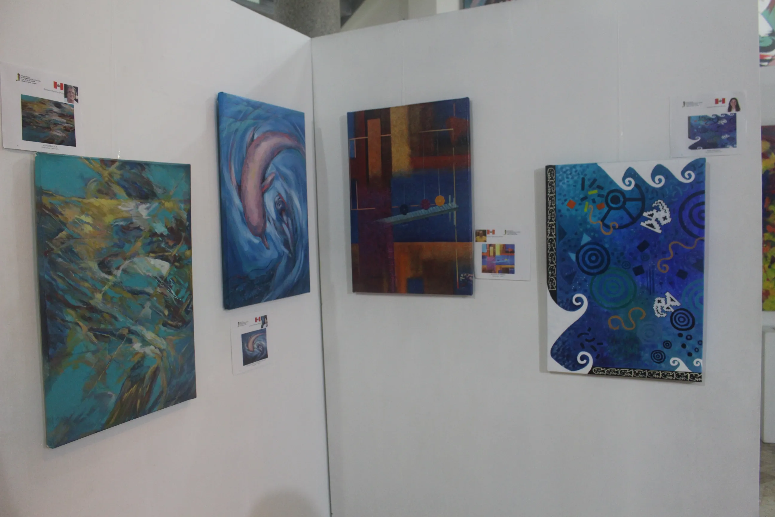 Gallery wall of Ximena Heraud's blue and swirling marine abstract paintings at the Sincelejo exhibition in Colombia