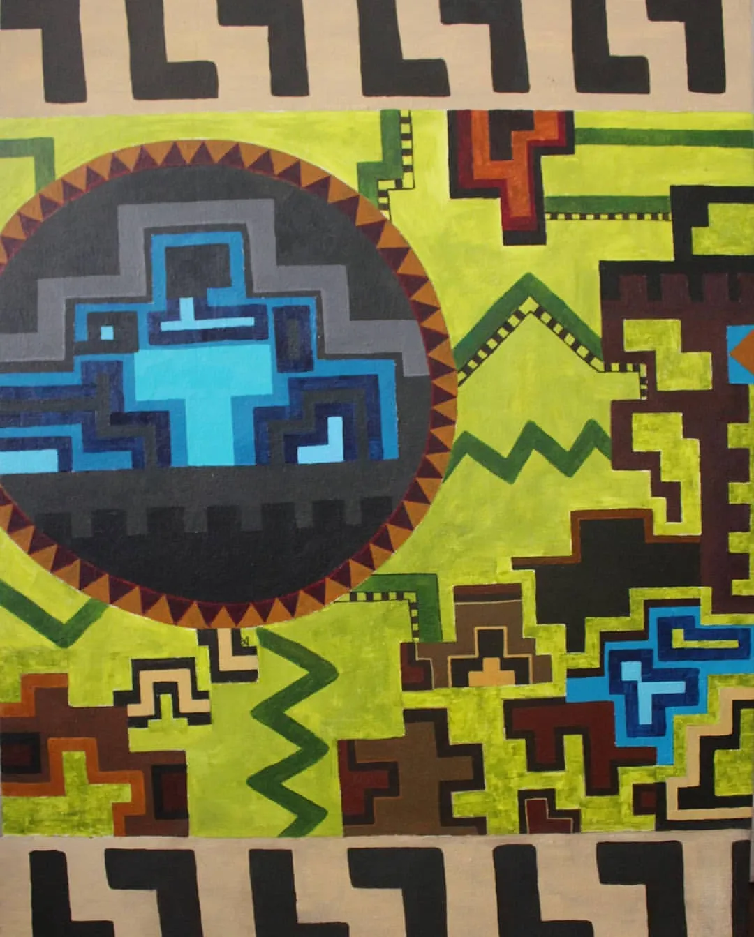Chartreuse-green geometric painting with a large dark disc enclosing a stepped blue anthropomorphic Andean figure, surrounded by step-fret motifs and black-and-tan borders.