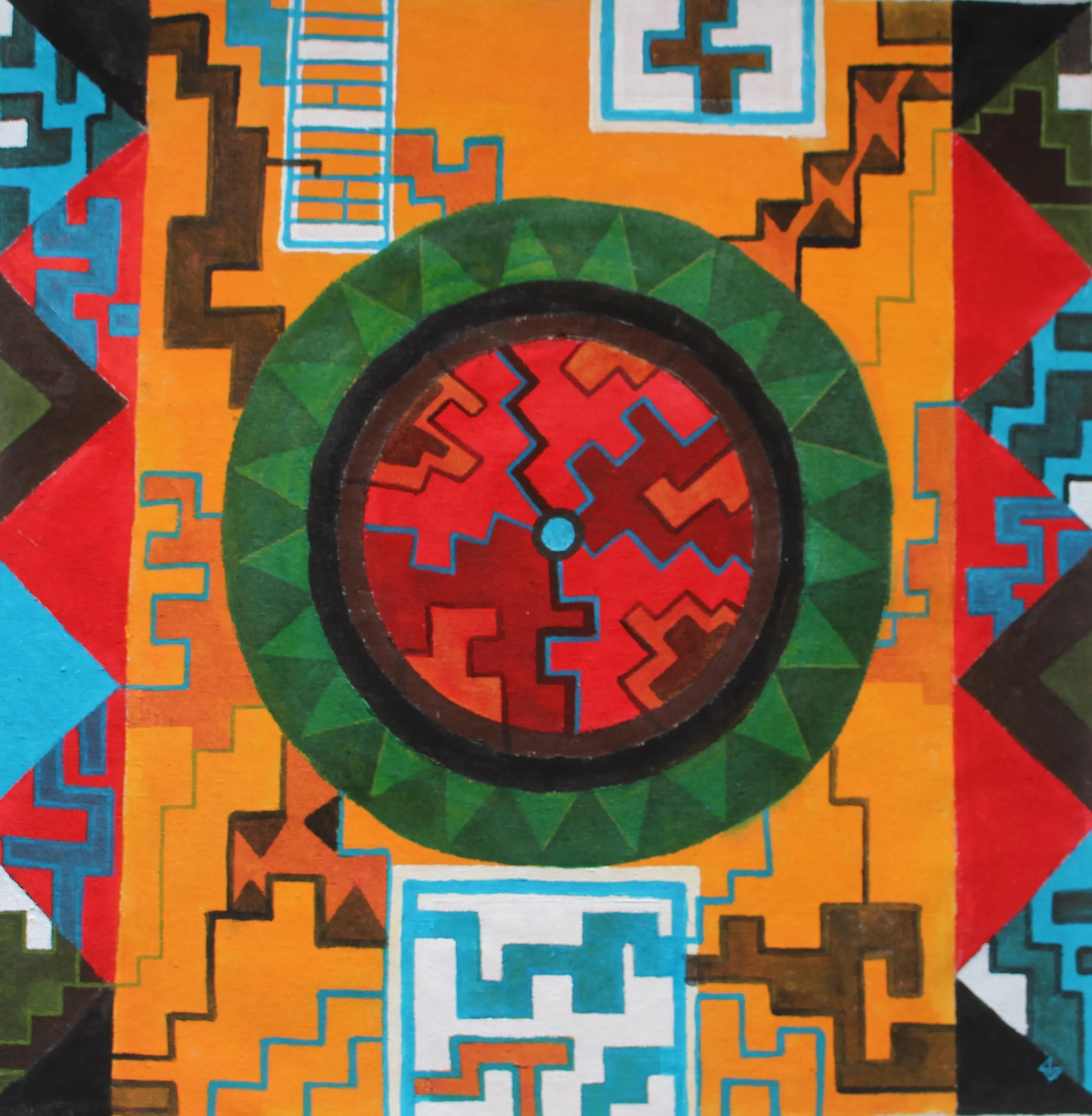 Square geometric abstract painting of a red step-fret disc inside a deep green serrated ring on an orange ground of interlocking step-frets, triangles and a ladder motif.