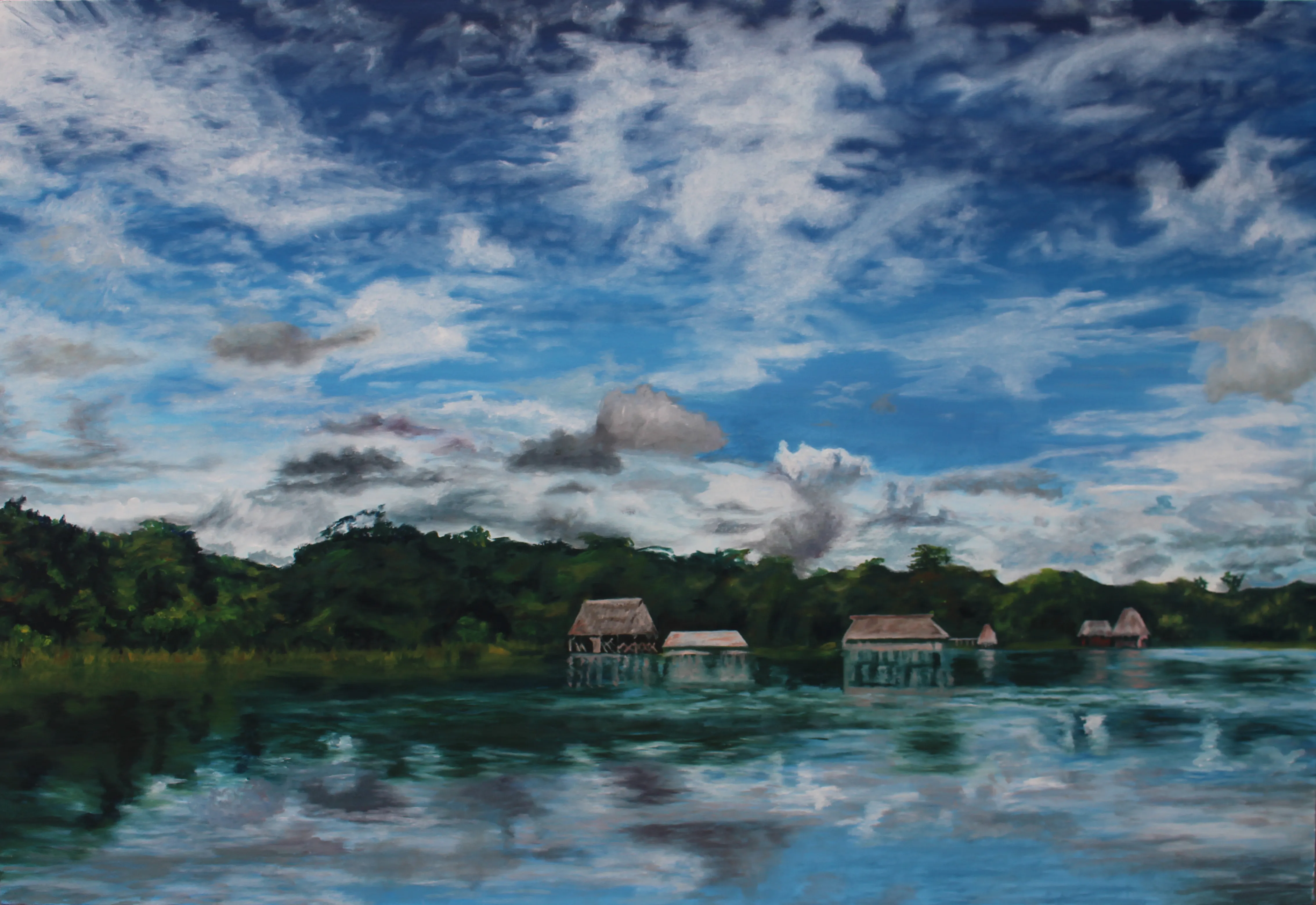 Painting of an Amazonian lagoon with thatched stilt houses along a forested shore under a dramatic sky of piled clouds.