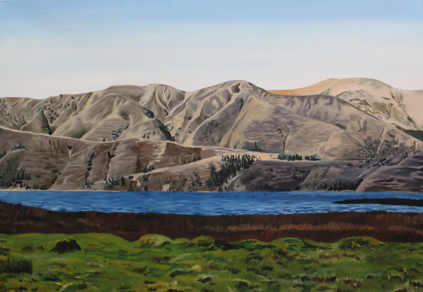 Painting of a blue lake below dry, rolling hills with a green marshy foreground.