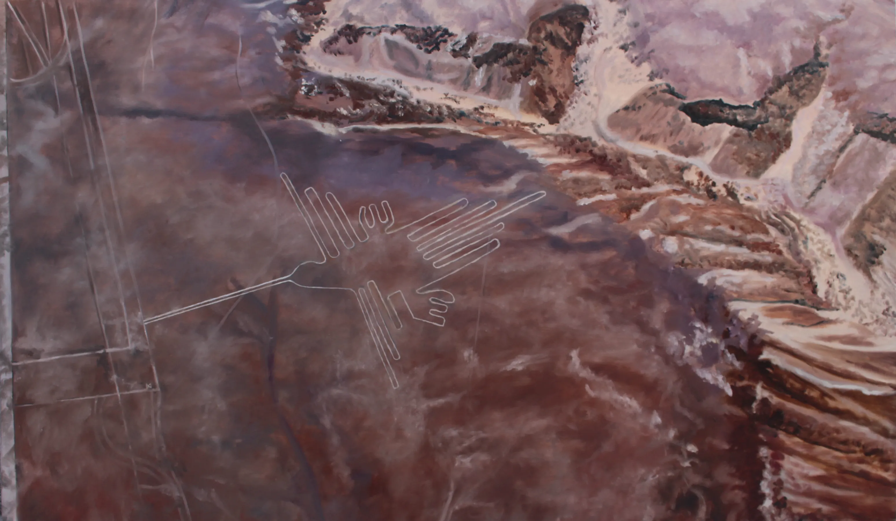 Painting of the Nazca Lines hummingbird geoglyph etched across a reddish desert plain seen from the air.