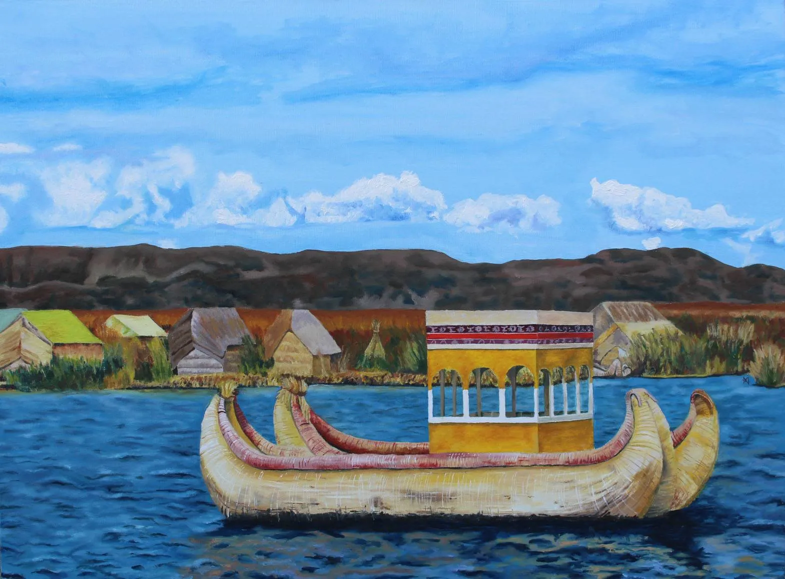 Painting of a traditional totora reed boat on Lake Titicaca before the floating Uros islands and their reed dwellings.