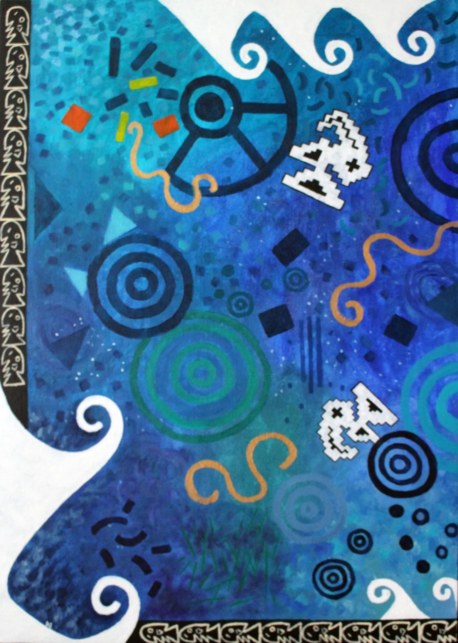 Vertical blue-toned geometric abstract painting with stylized waves, spirals, concentric circles and pixel-like motifs, framed by a black decorative border with small repeating figures.