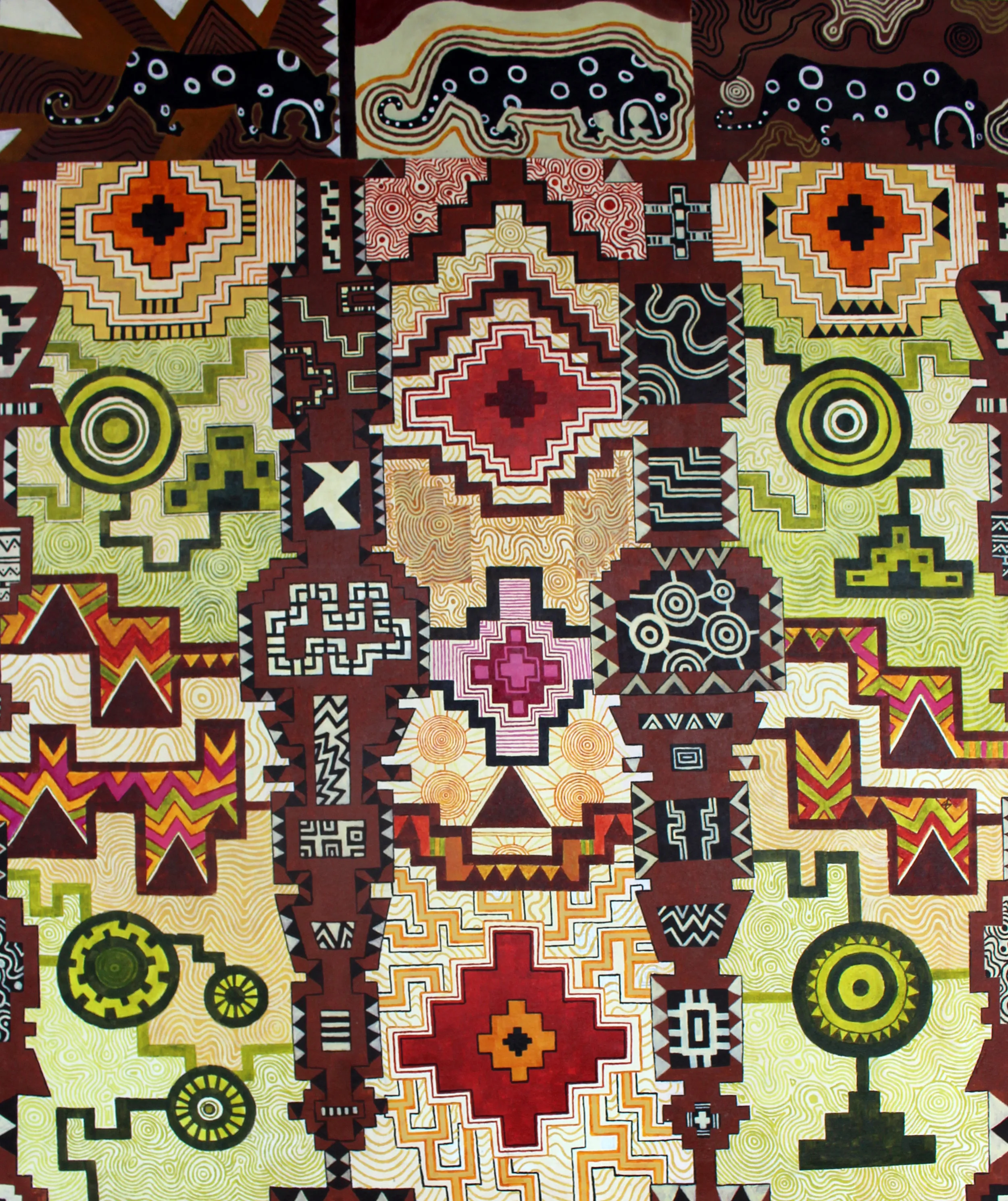 Large earth-toned geometric painting topped by a row of stylized spotted jaguars, filled with Andean textile motifs, diamond medallions, step-frets and radial suns.