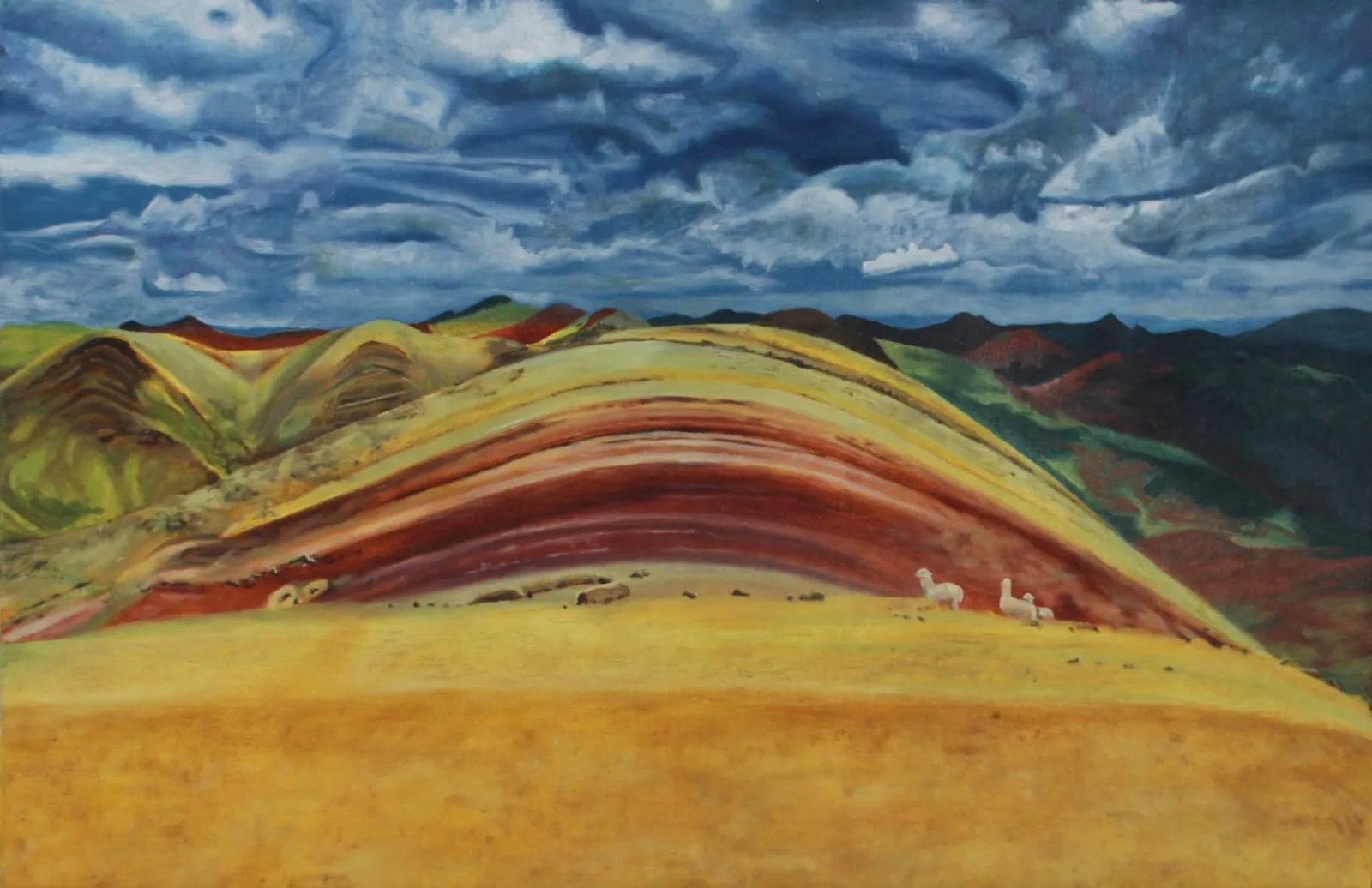 Painting of the rainbow mountain’s ochre, red and green mineral strata arcing beneath a heavy storm sky, with alpacas grazing on the golden slope.