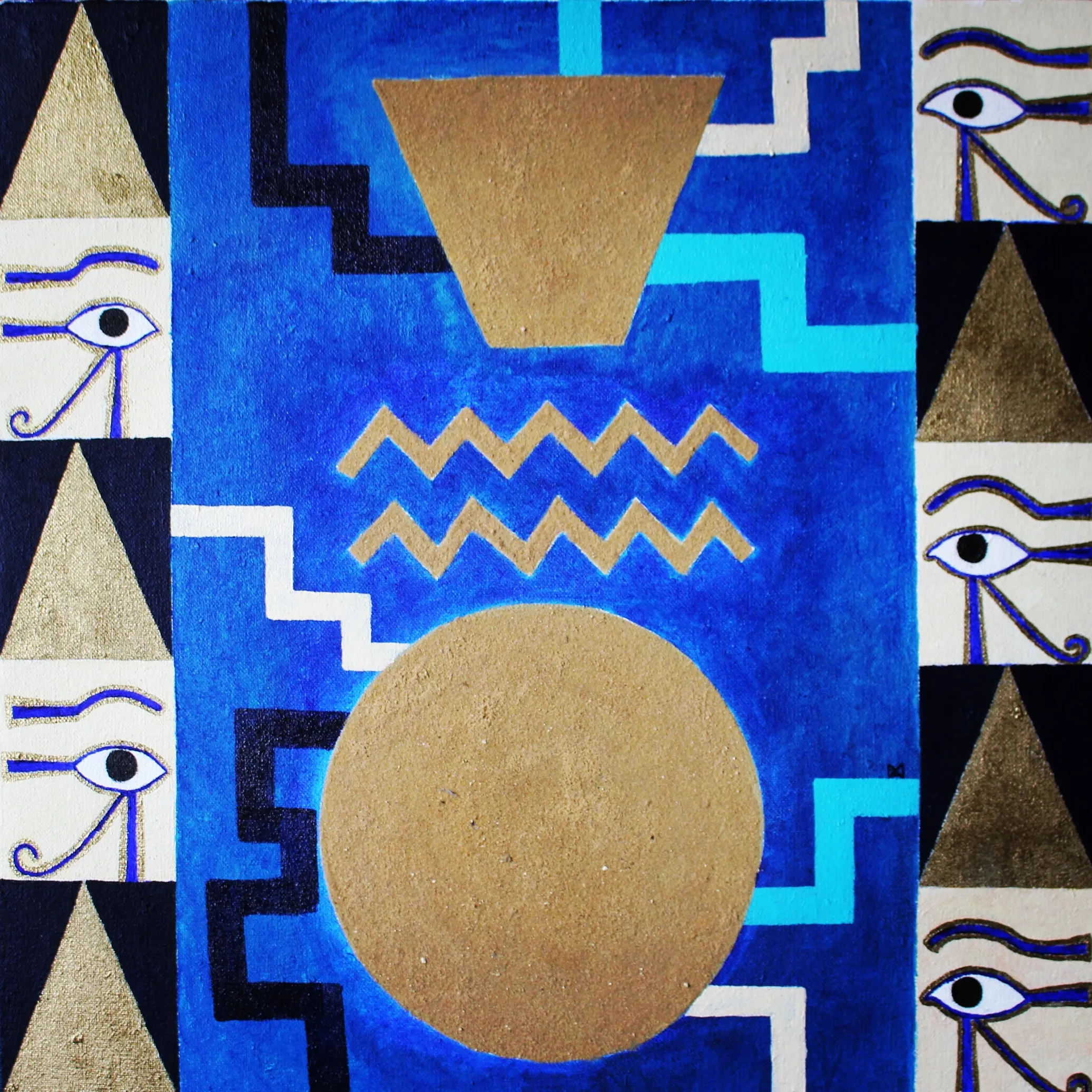 Painting on a deep blue ground with a central gold inverted trapezoid, gold zigzag band and large gold disc, flanked by vertical columns of Eye of Horus symbols and gold triangles.