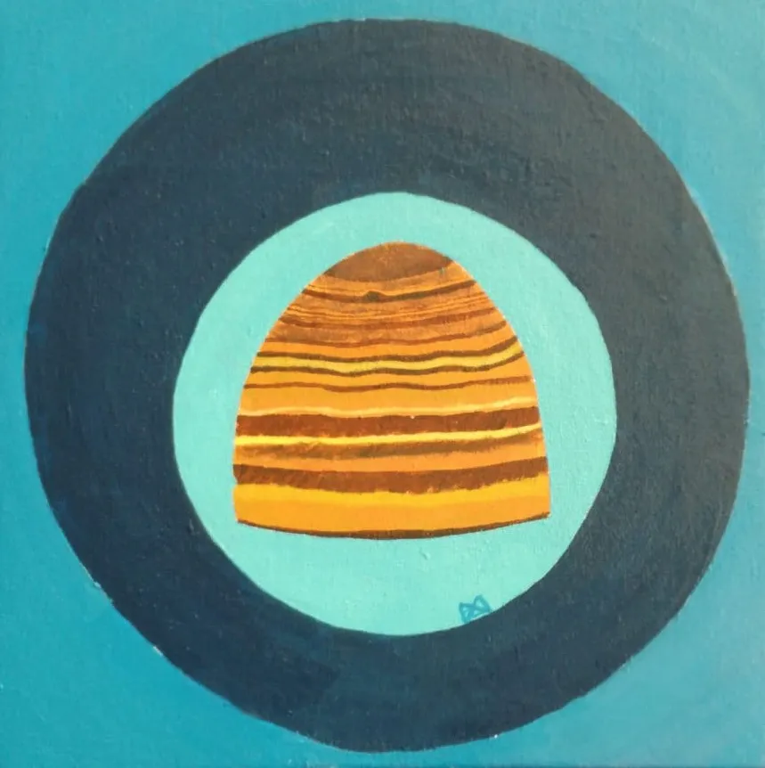 Painting of a banded orange-and-brown tiger's-eye dome within a pale blue disc ringed by dark teal, on a teal ground.