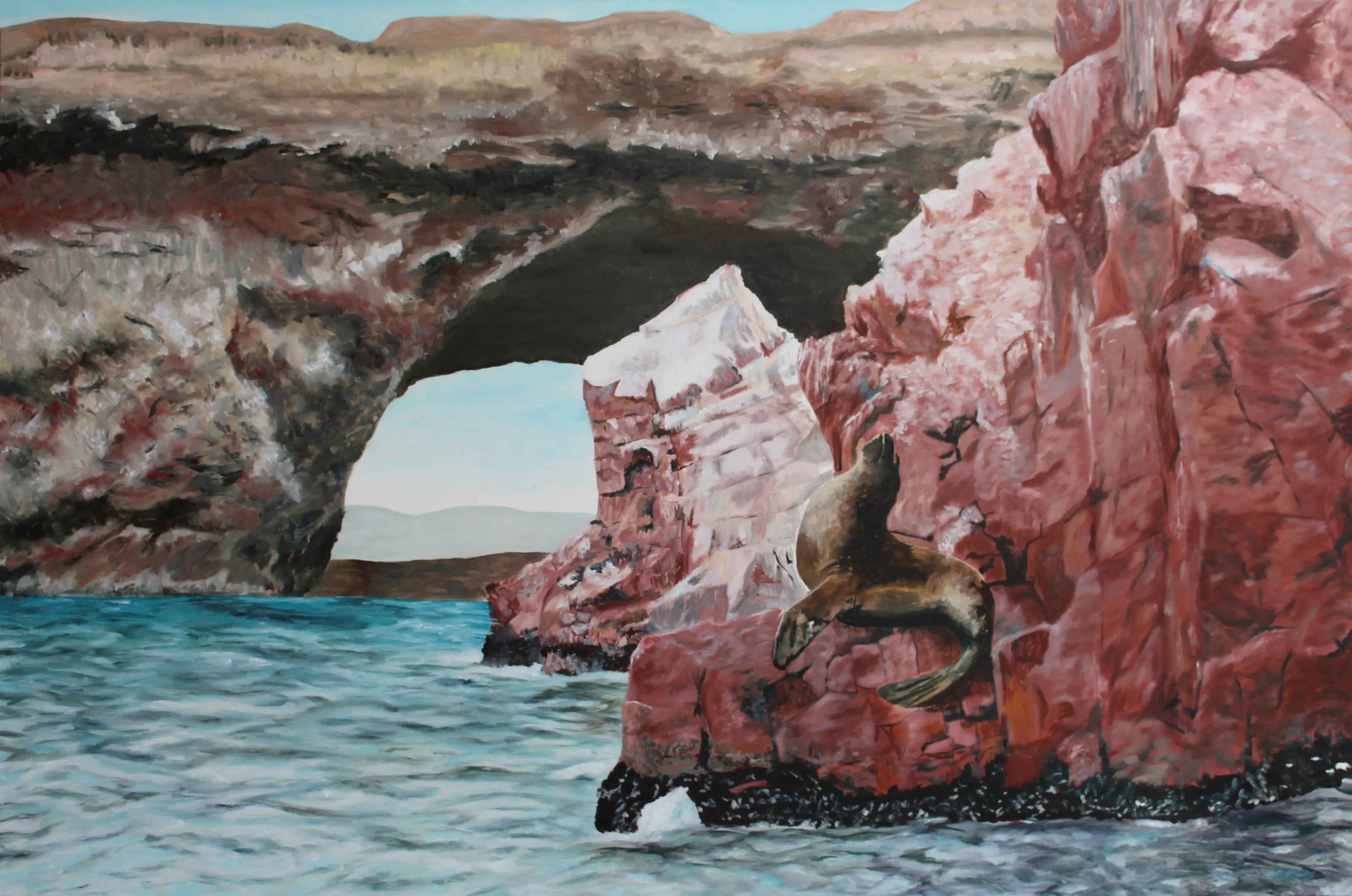 Painting of a sea lion resting on red cliffs beside a natural rock arch above turquoise sea.
