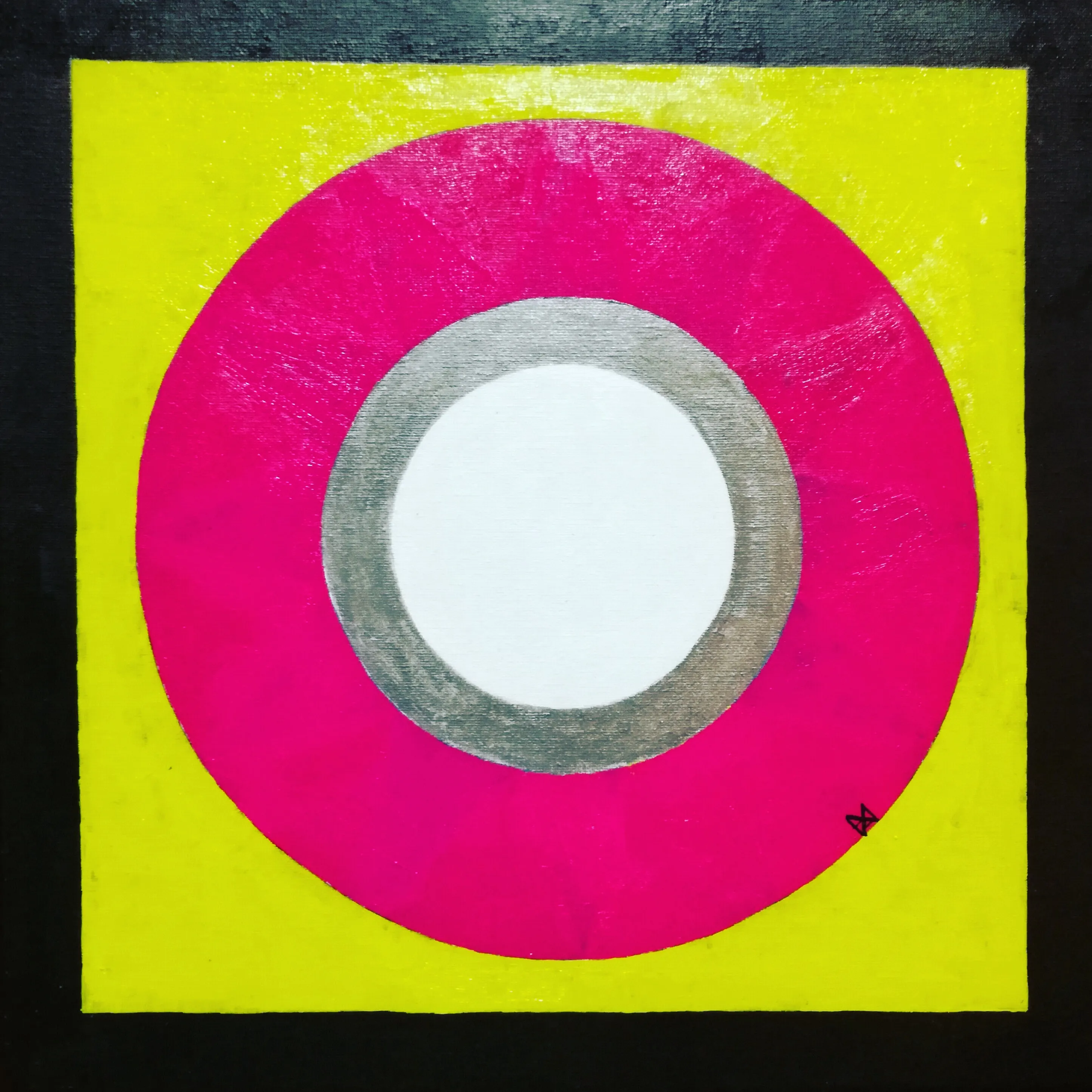 Painting of concentric white, silver, and magenta rings on a yellow square within a dark border.