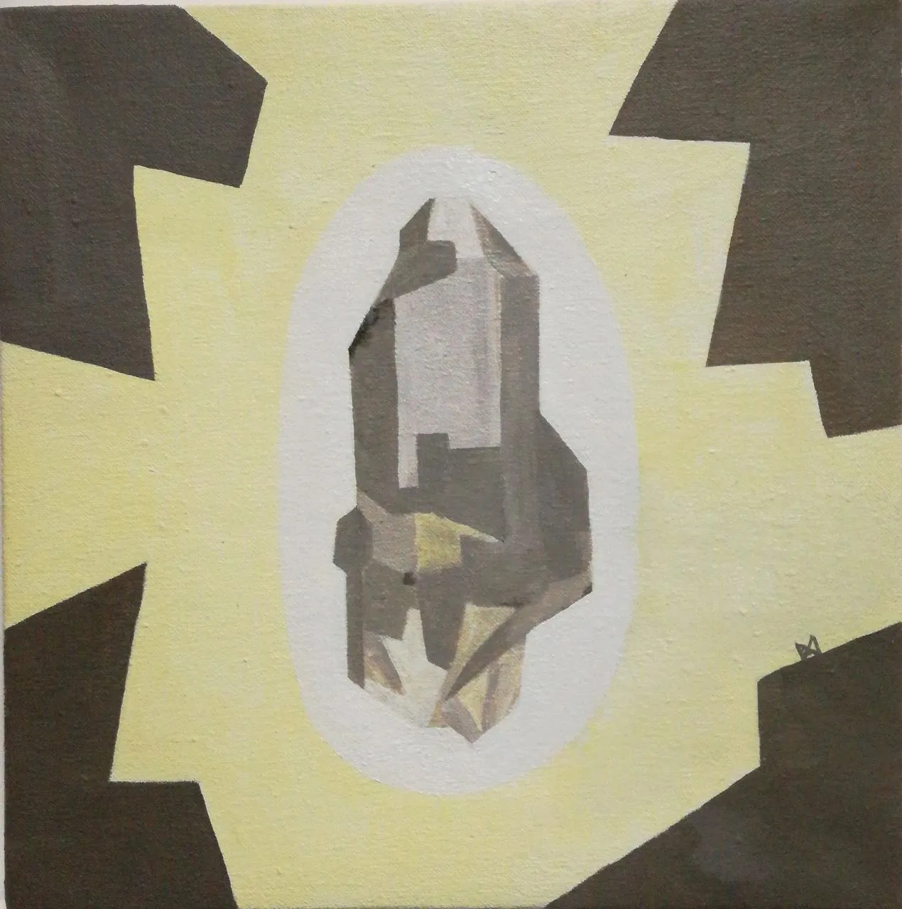 Painting of a grey quartz crystal point inside a white oval on a pale yellow ground flanked by dark brown angular forms.