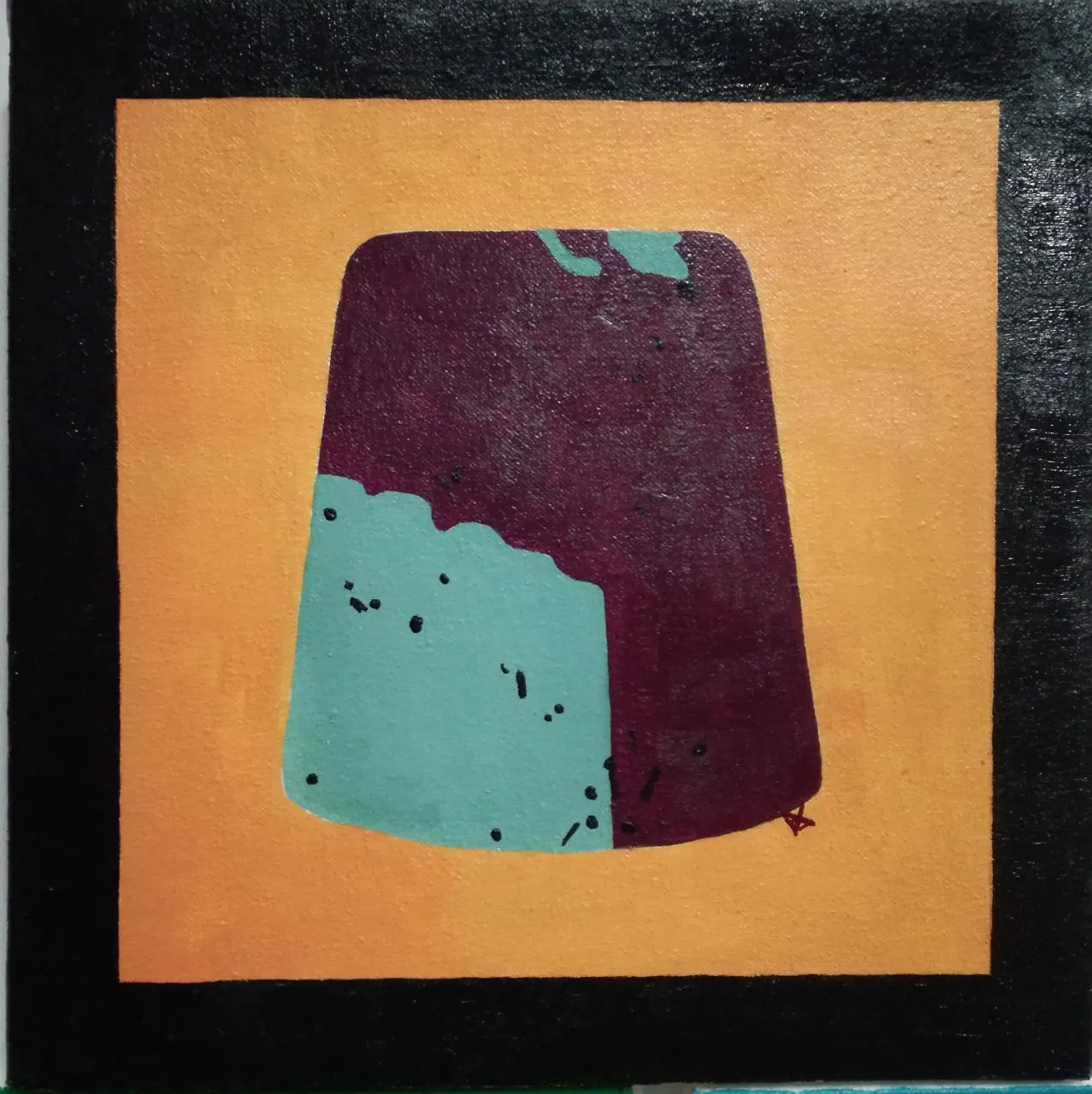 Painting of a trapezoidal stone split into maroon and teal on an orange square within a black border.