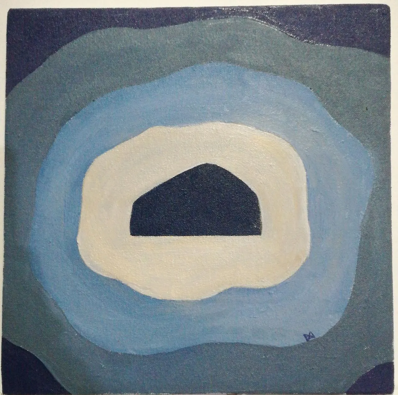 Painting of a dark angular stone ringed by a cream halo and concentric blue-grey bands, like an agate cross-section.