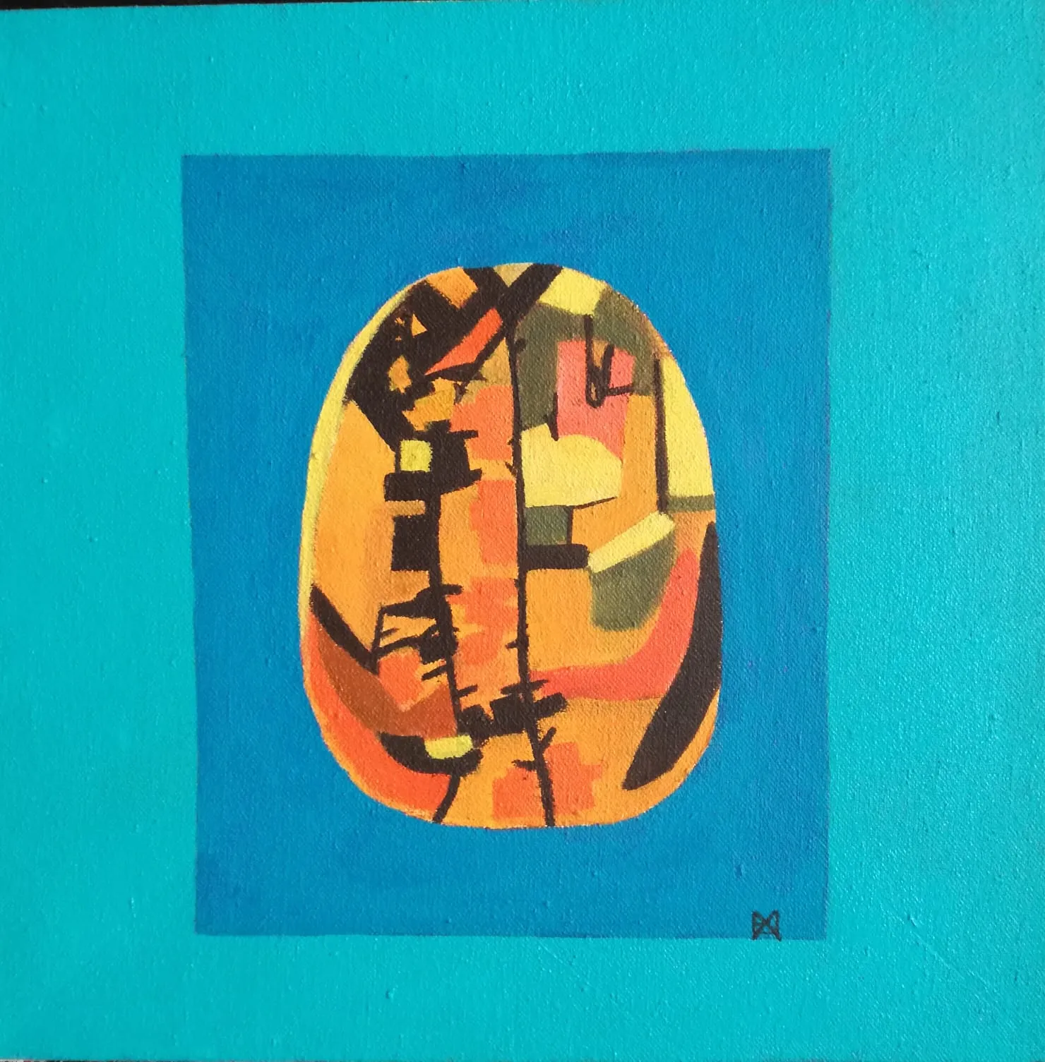 Painting of a rounded egg-shaped stone with orange, green, and dark markings on a deep blue square within a turquoise border.