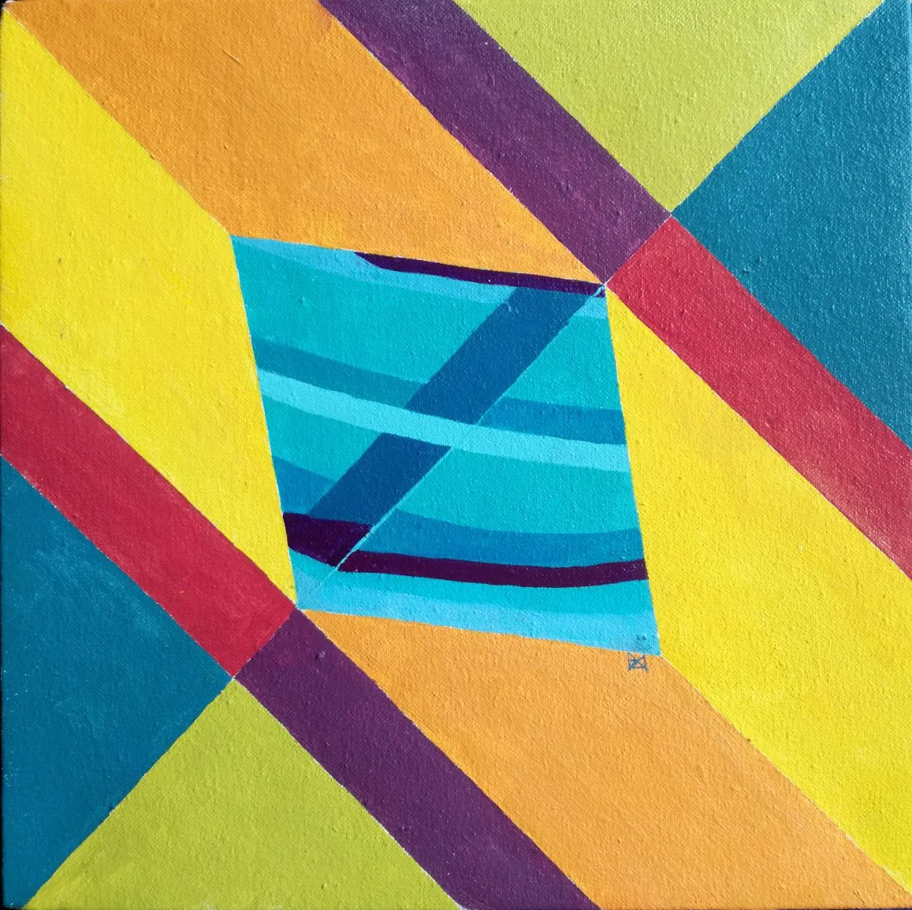 Painting of a striped teal rhombus at the centre of an X formed by yellow, orange, and green bands crossed by red and purple diagonals.