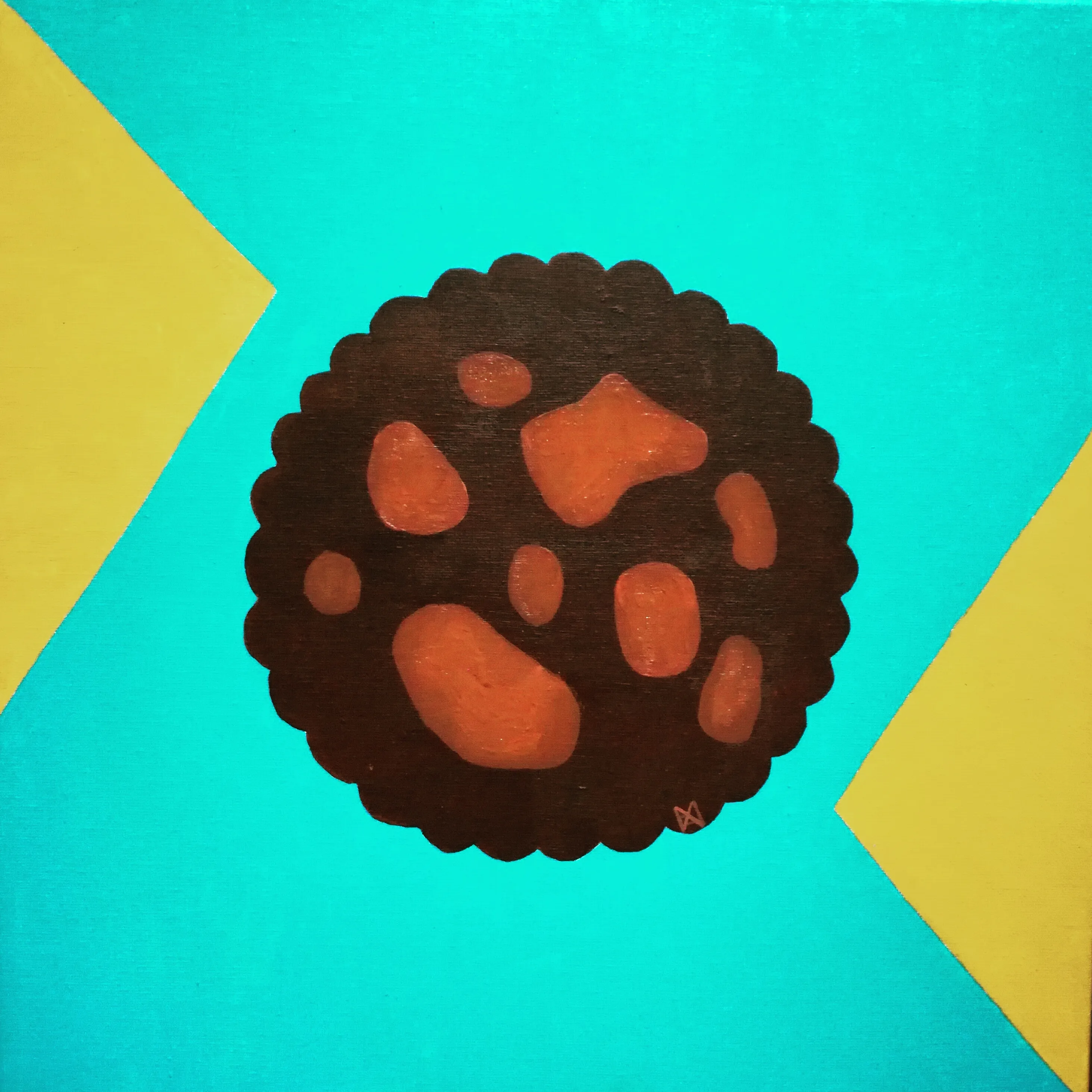 Painting of a dark scalloped disc studded with orange mineral chunks on a turquoise ground with yellow chevrons.
