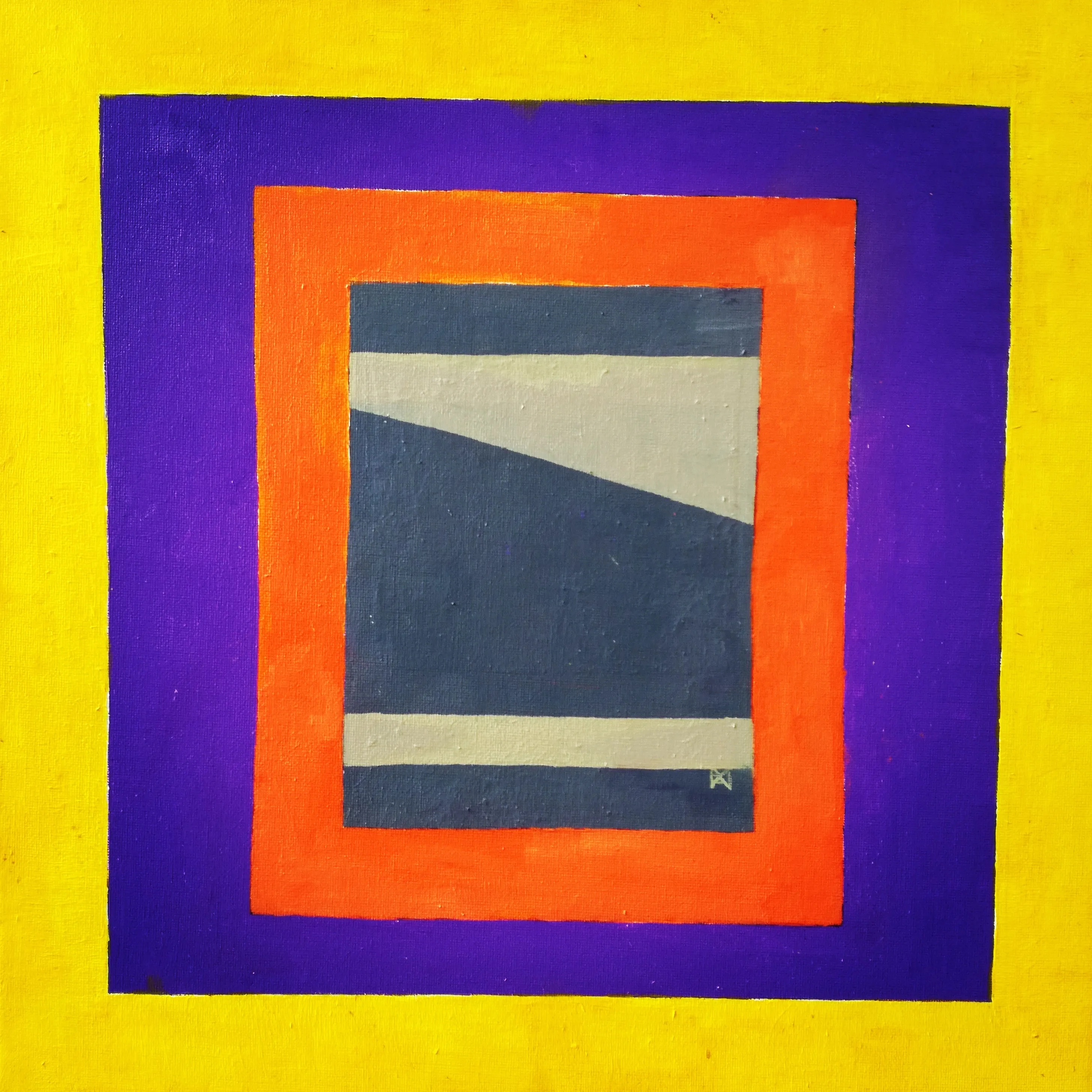Painting of a navy rectangle crossed by a pale grey diagonal, framed by orange and purple borders on a yellow ground.