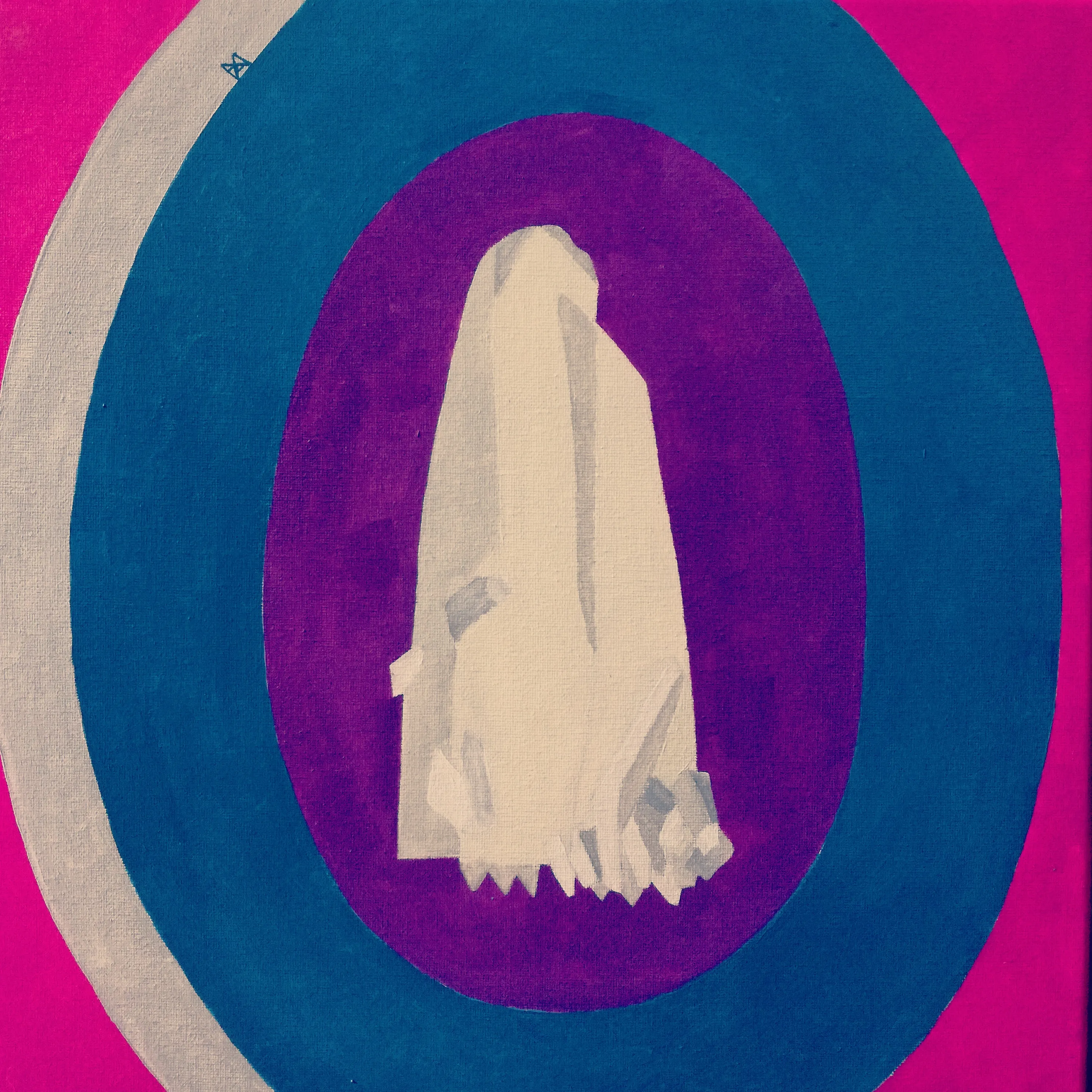 Painting of a pale crystal within a purple oval ringed by blue and silver bands on a magenta ground.