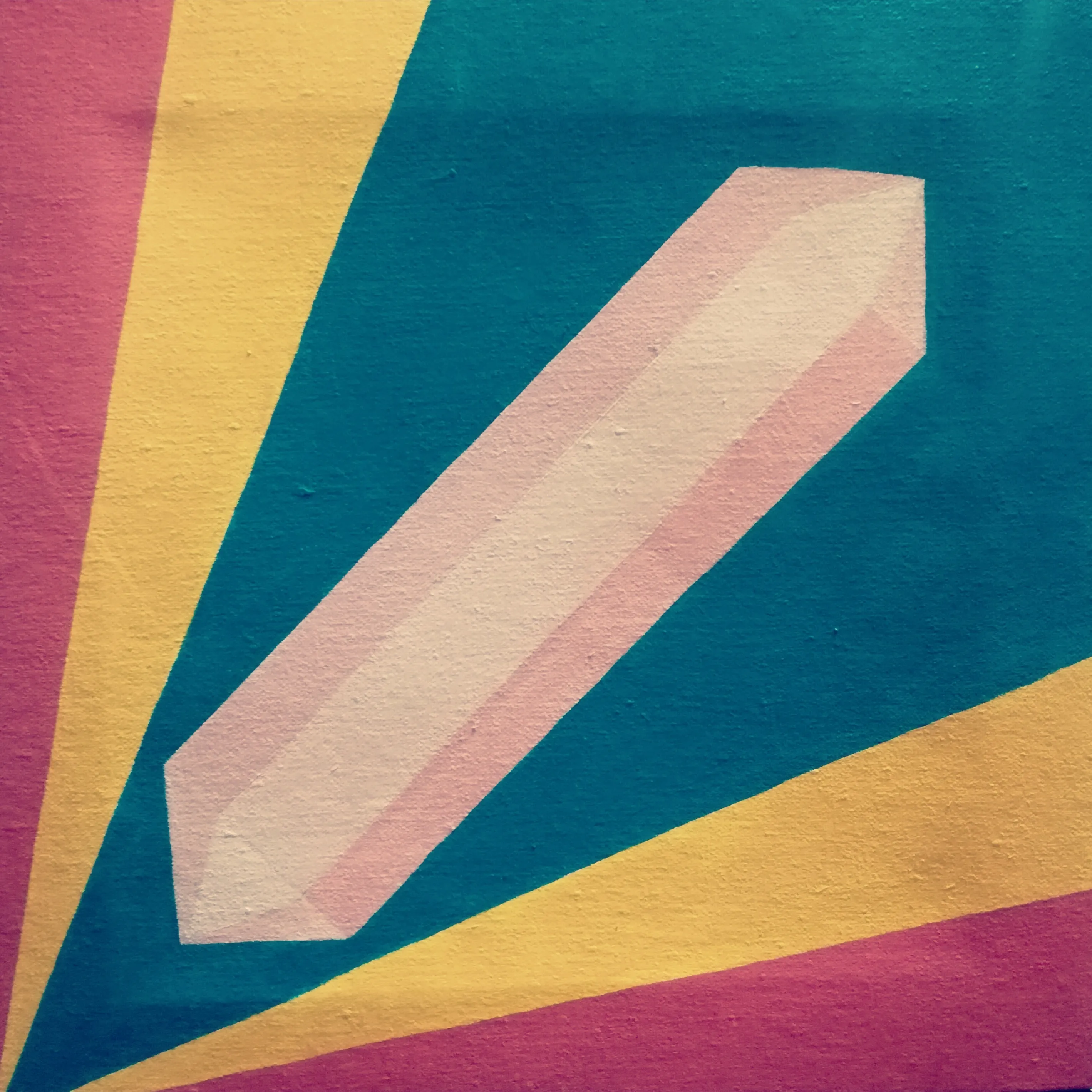 Painting of a pale pink crystal on a teal ground with radiating yellow and pink rays.