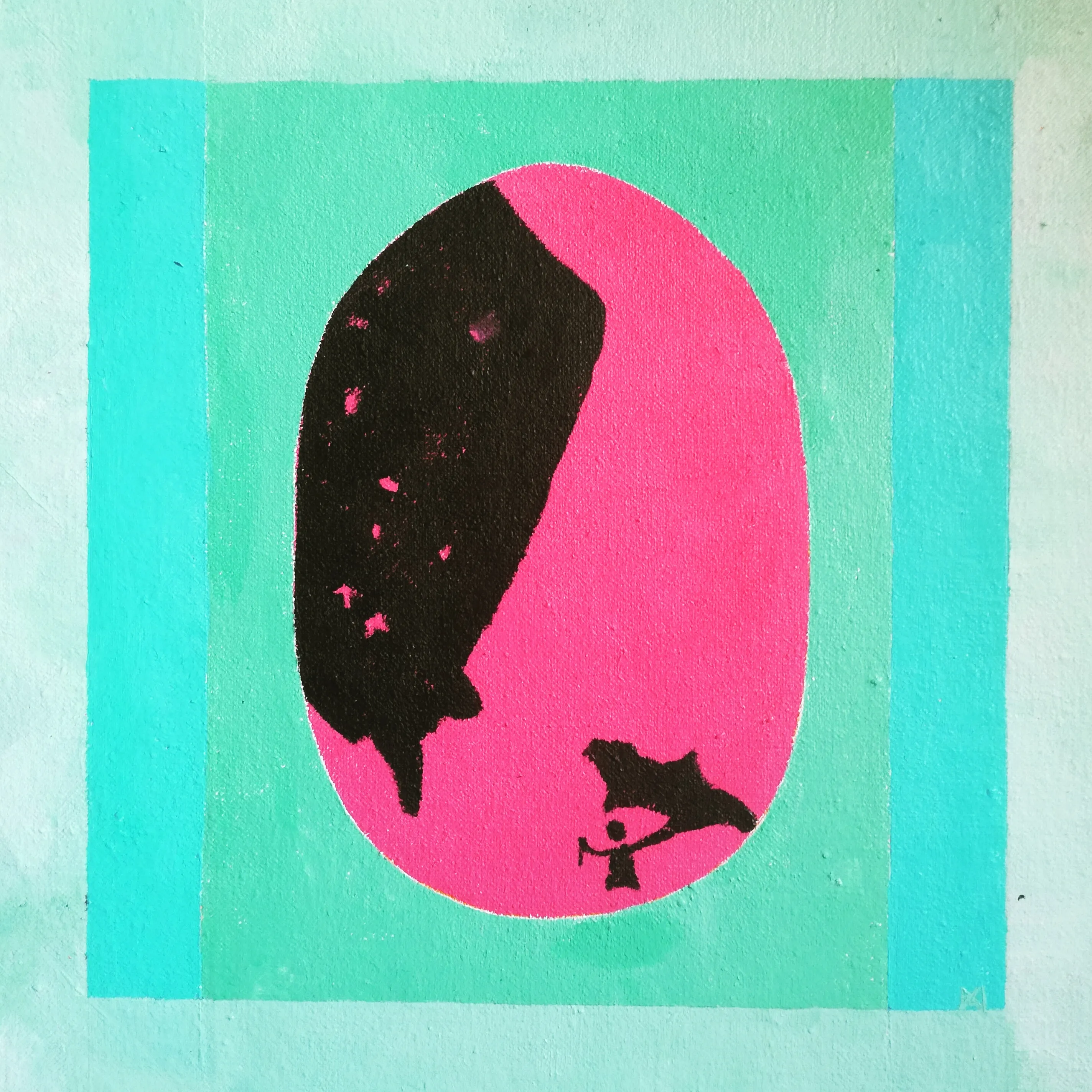 Painting of a black stone silhouette within a pink oval on a turquoise ground with a green border.