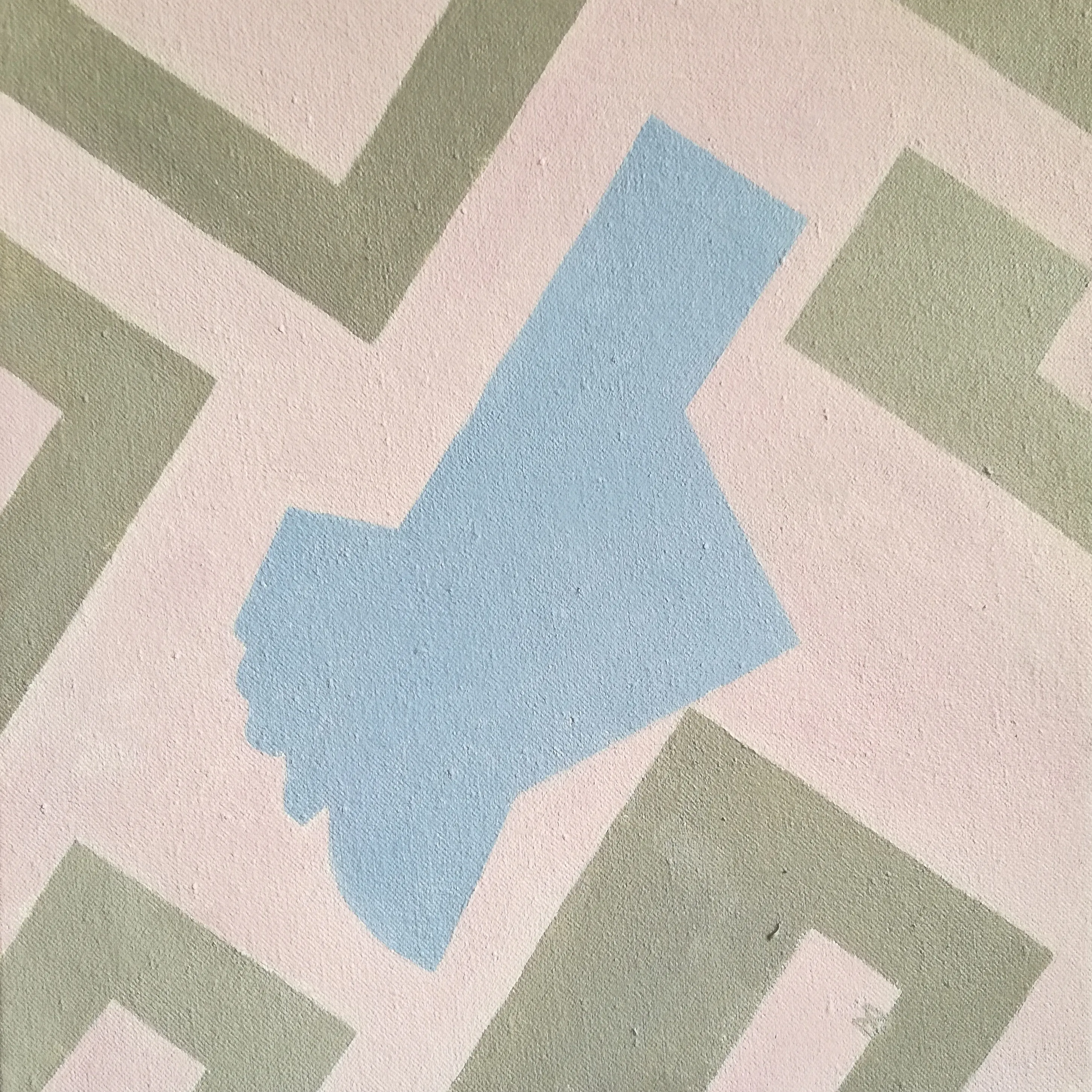 Painting of a pale blue stone on an interlocking pink and sage-green geometric pattern.