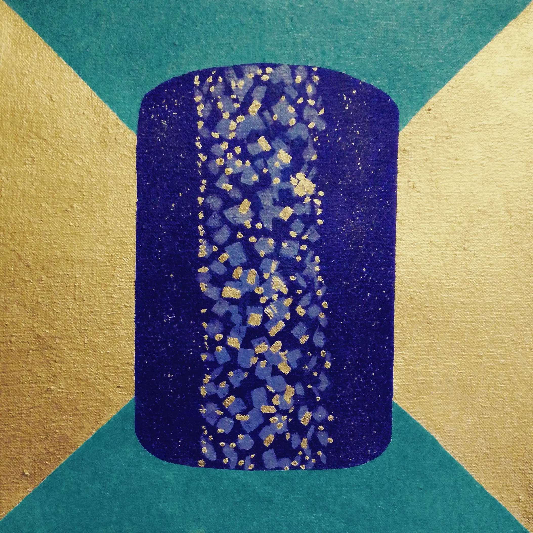 Painting of a deep blue cylindrical stone flecked with pale blue and gold, resembling lapis lazuli, on a gold X and teal ground.