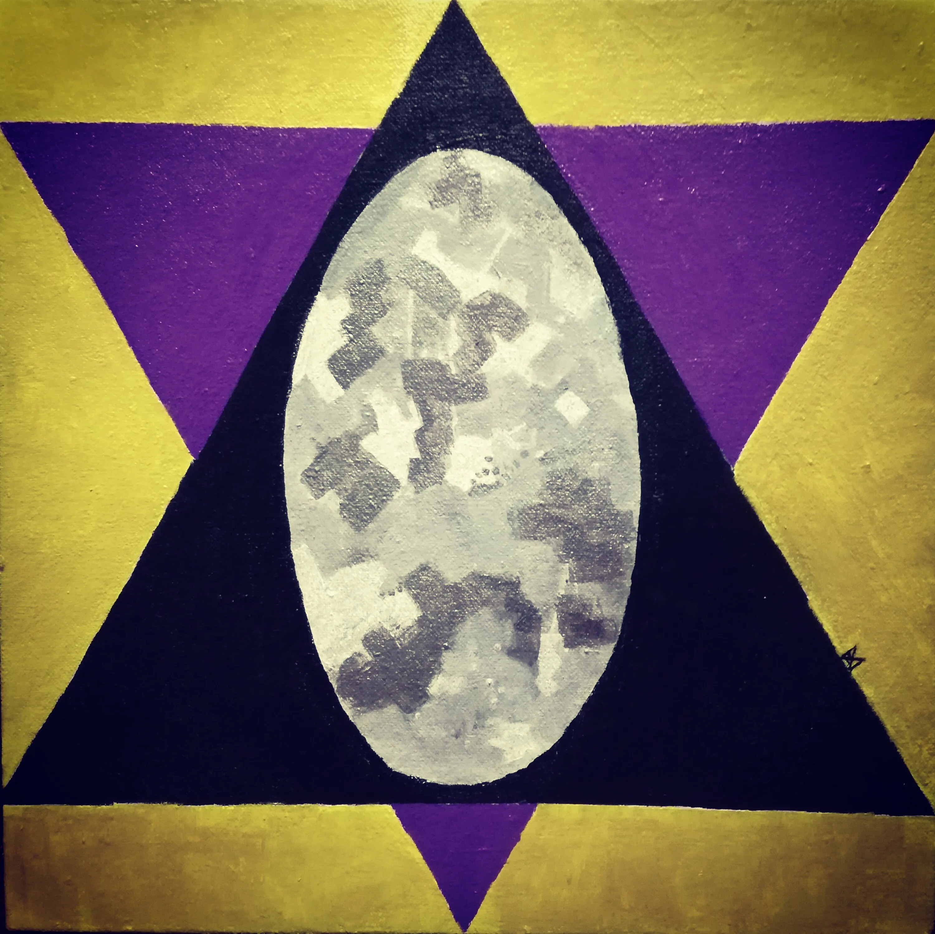 Painting of a grey-and-white marbled egg within a black triangle over a six-pointed star on purple and gold.