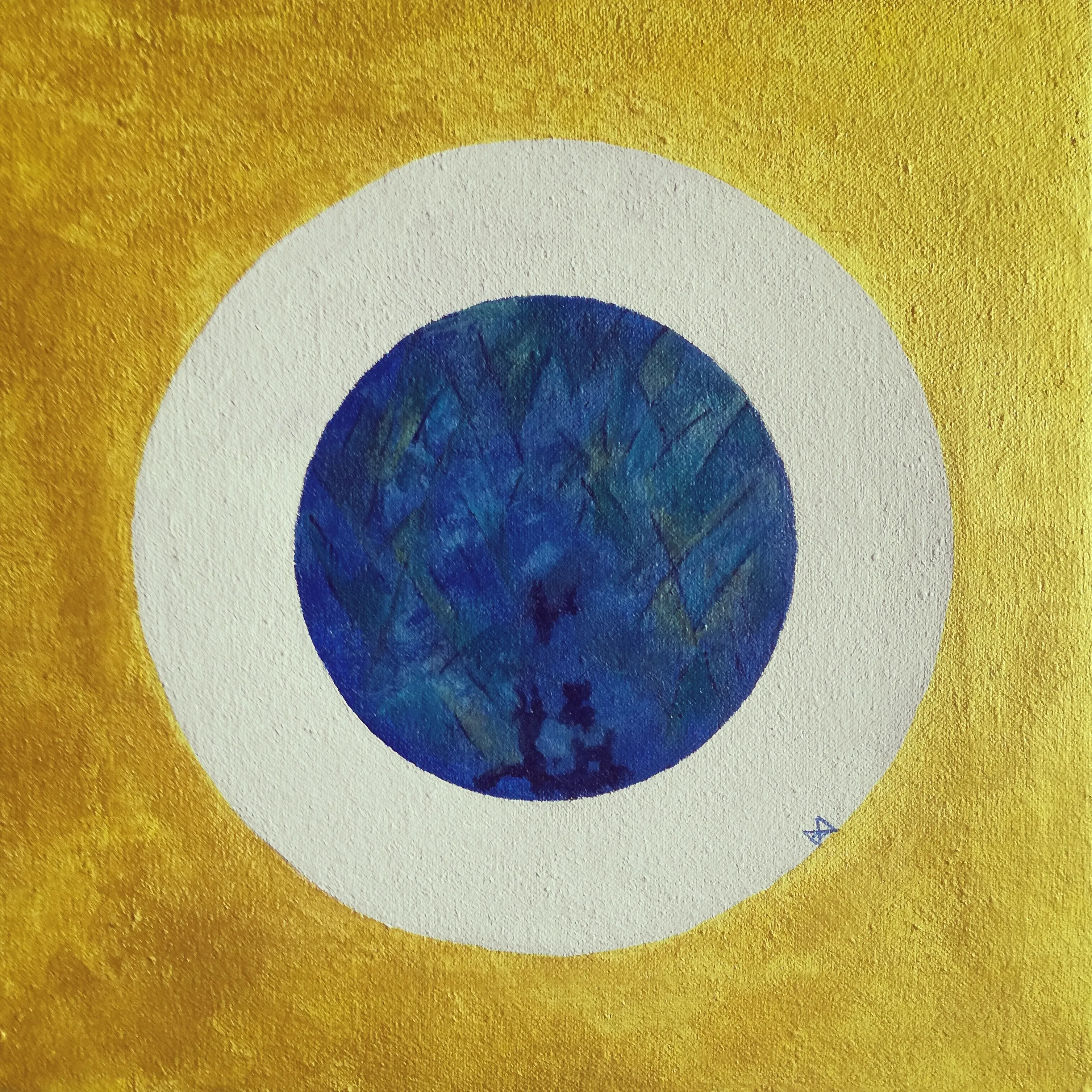 Painting of a textured blue disc, like a mineral cross-section, within a white ring on a gold-yellow ground.