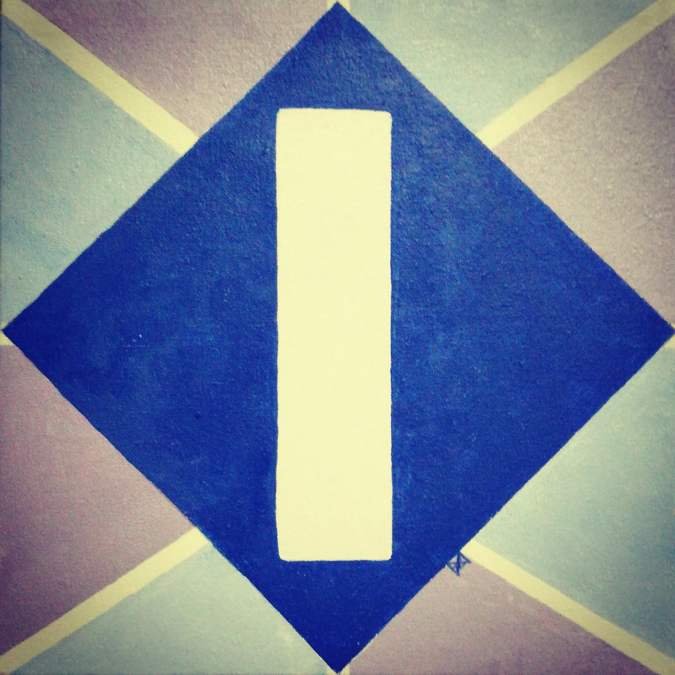 Painting of a blue diamond containing a cream vertical bar on a pale lilac ground crossed by yellow lines.