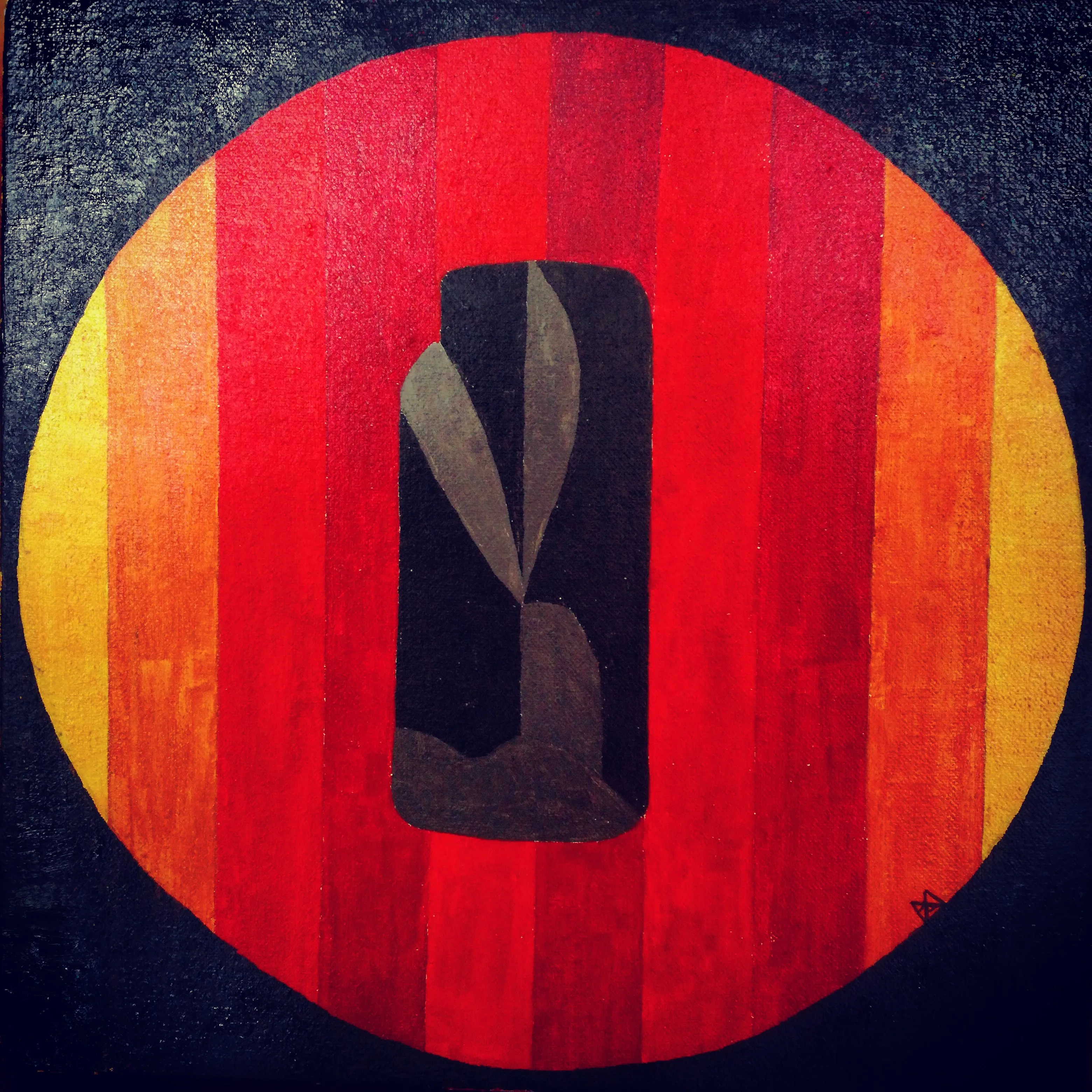 Painting of a dark upright stone within a black rectangle at the centre of a red-and-orange striped circle on a near-black ground.
