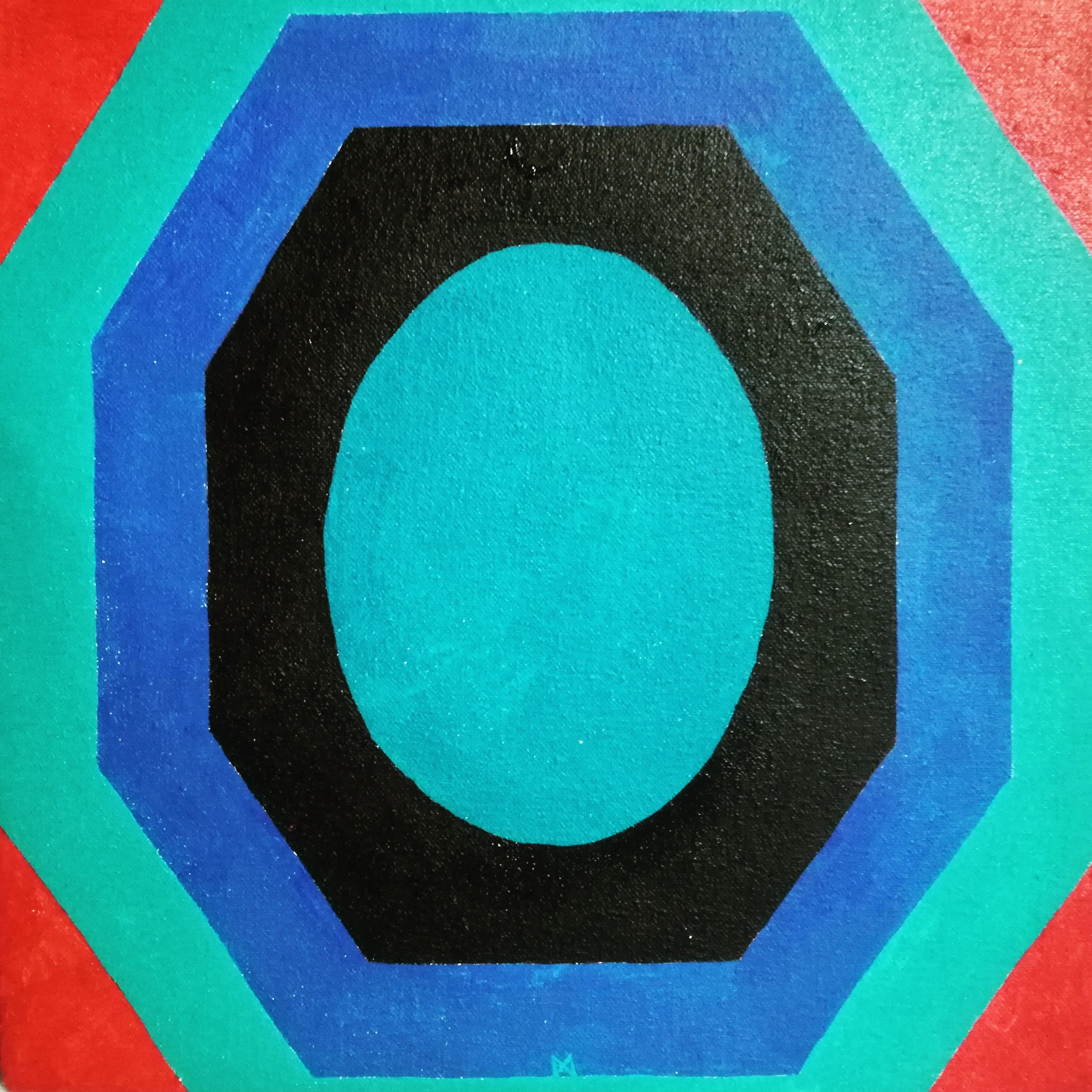 Painting of a teal oval within a black octagon framed by blue bands on a green and red ground.