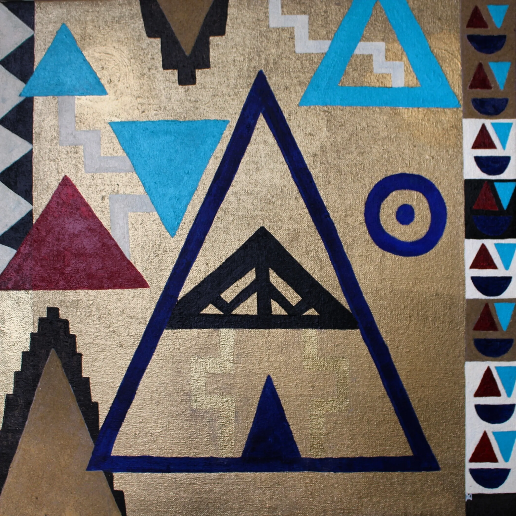 Painting on a gold ground featuring overlapping triangles in blue, turquoise and dark red, a concentric blue eye motif, and a right-edge column of small triangles and half-discs.