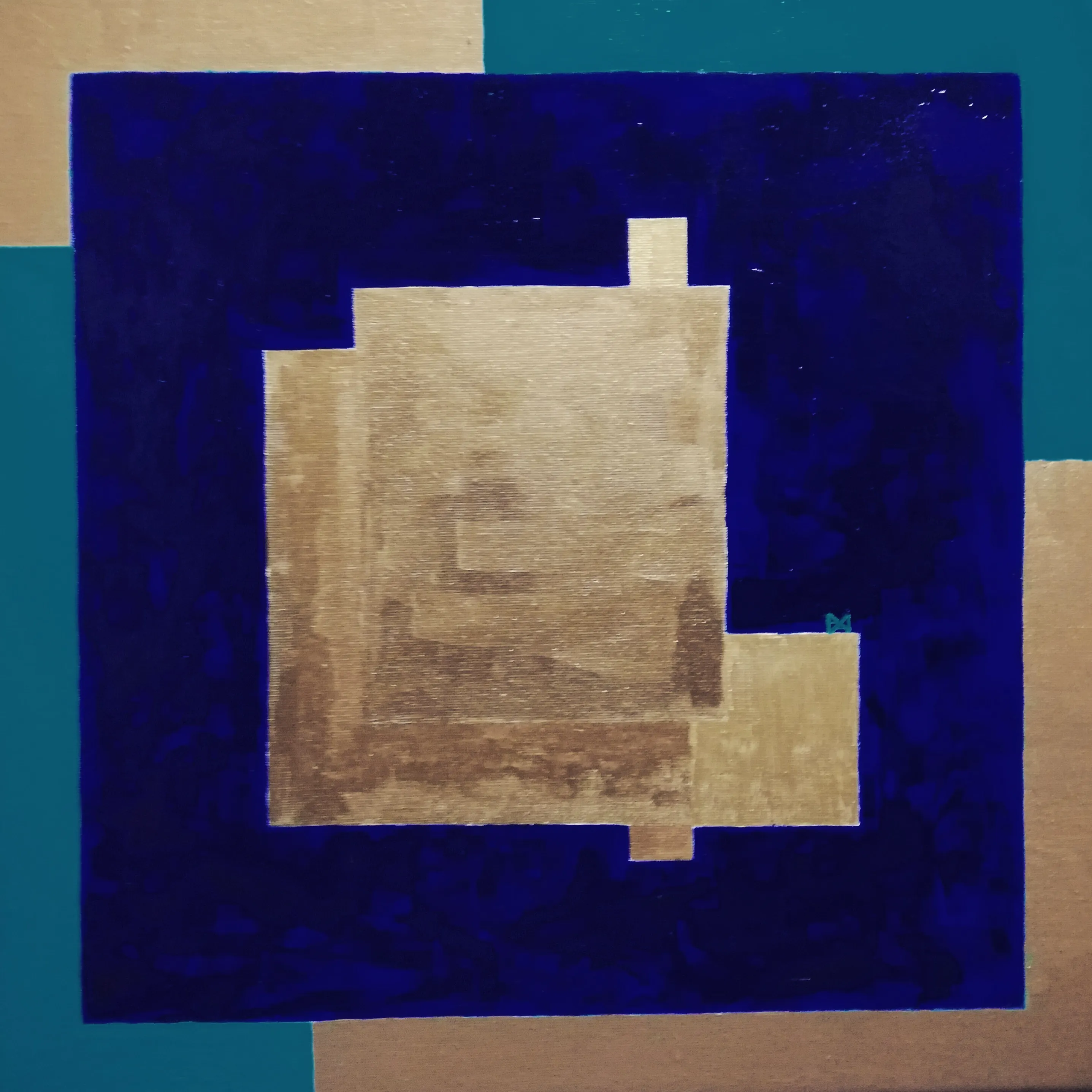 Painting of a blocky beige-and-gold stone with stepped edges on a deep ultramarine square over teal and tan fields.