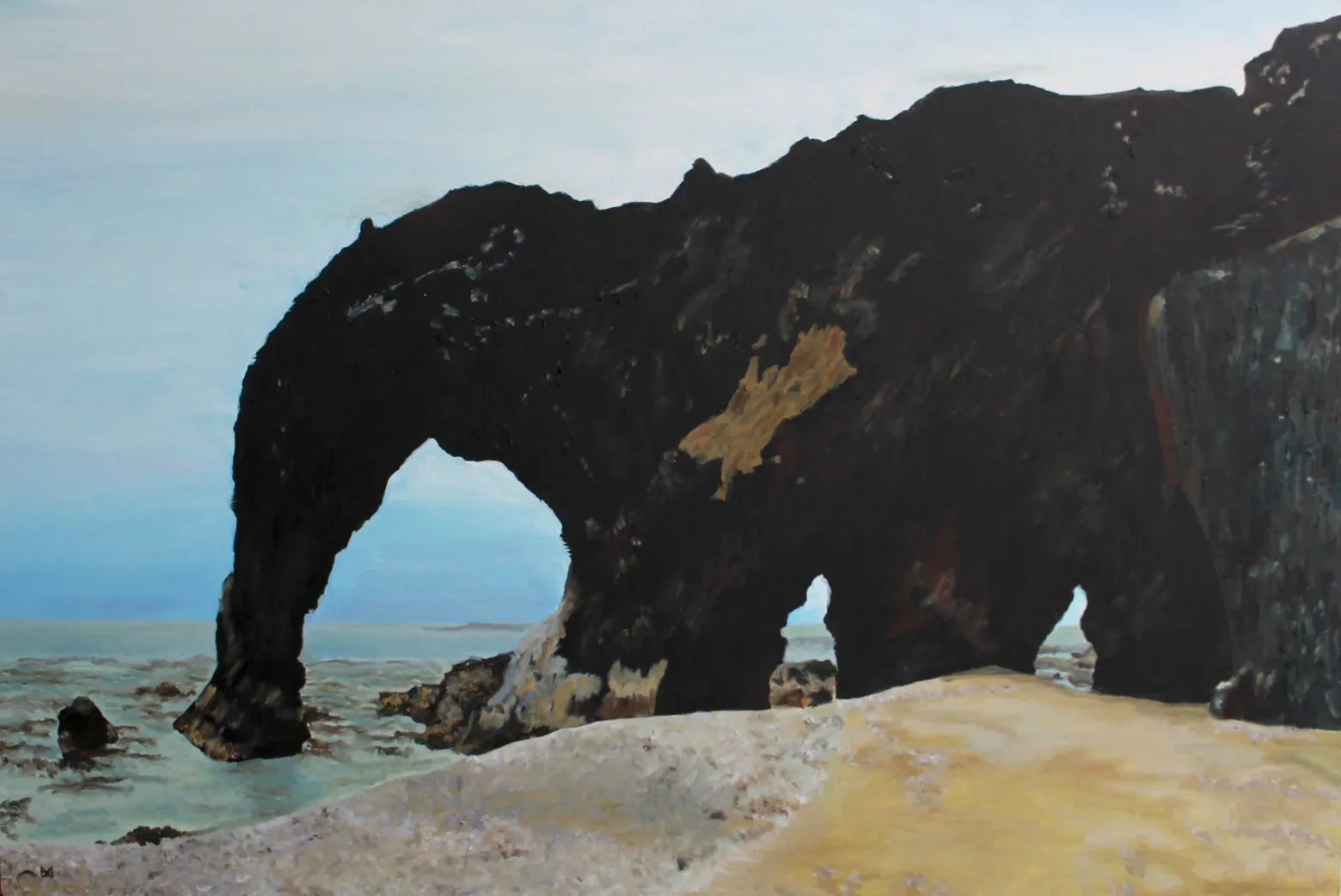 Painting of a dark elephant-shaped rock arch dipping its trunk toward the sea on a sandy beach.
