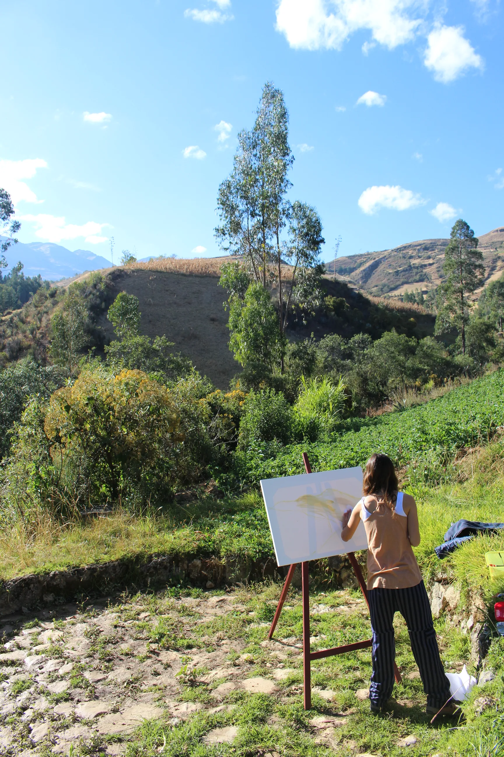 Full-length view of Ximena Heraud standing at her easel painting under a big blue sky in the Peruvian highlands