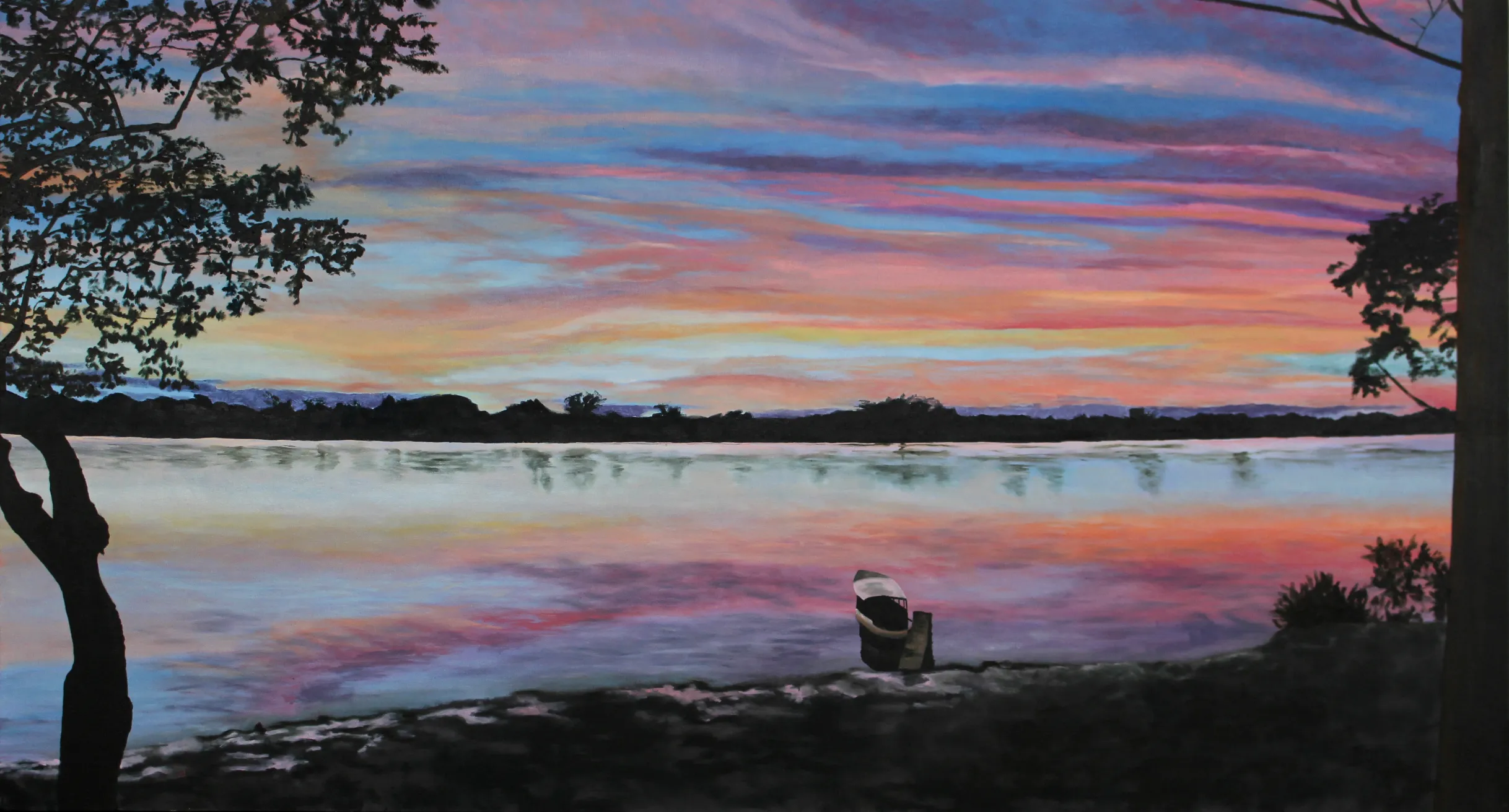 Painting of a vivid pink and orange sunset reflected in a calm river, framed by silhouetted trees with a small moored boat.