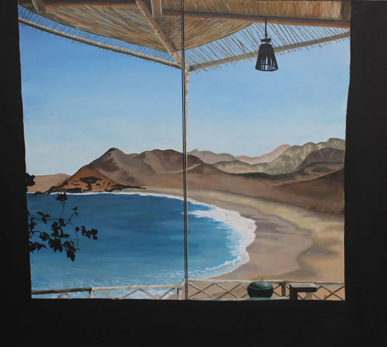 Painting looking out from a thatched terrace over a curving bay with breaking waves and desert hills beyond.