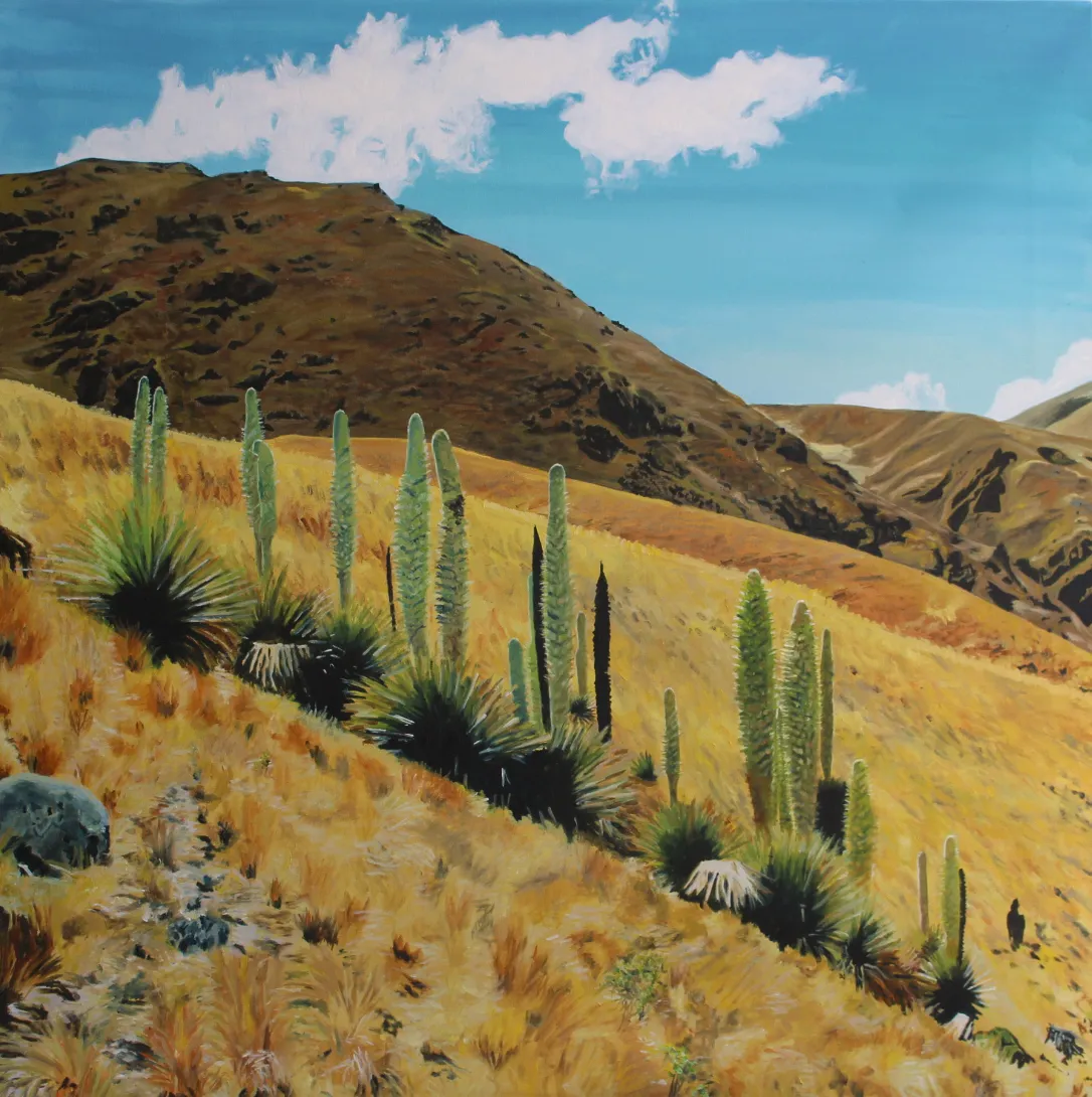 Painting of tall Puya Raimondi plants in flower on a golden mountain slope under a blue sky with white clouds.